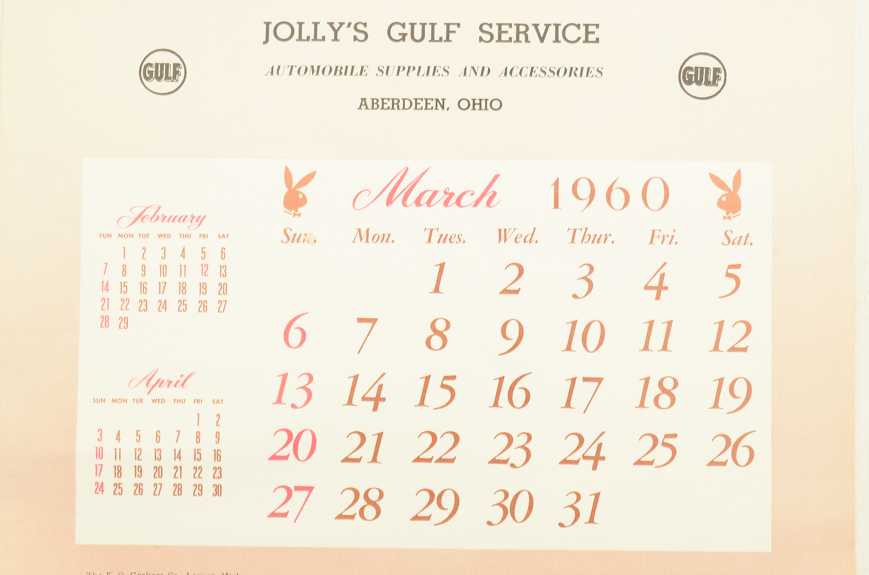 1960 "Jolly's Gulf Station" March "Playboy" Sheet Calendar