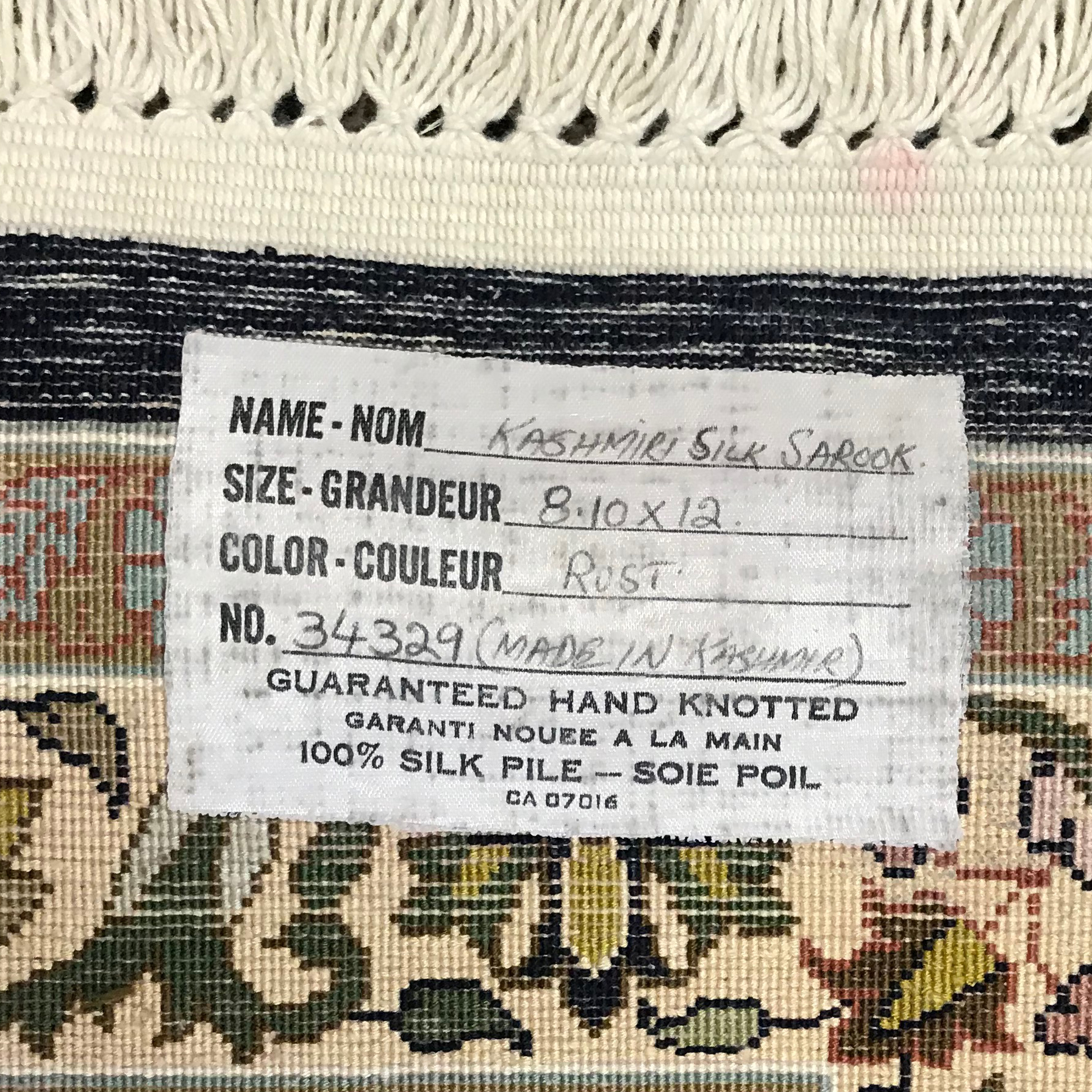 Finely Hand-Knotted Kashmir Sarouk Silk Room Sized Rug