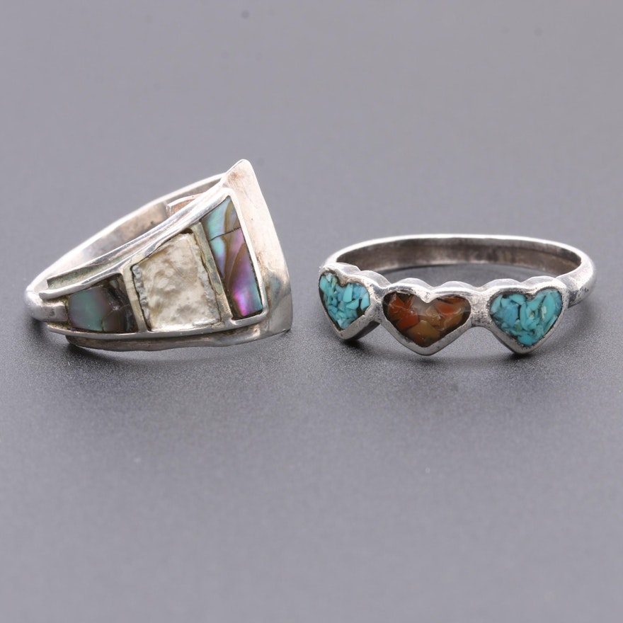 Sterling Silver Abalone, Shell and Stone Inlay Rings Including Taxco
