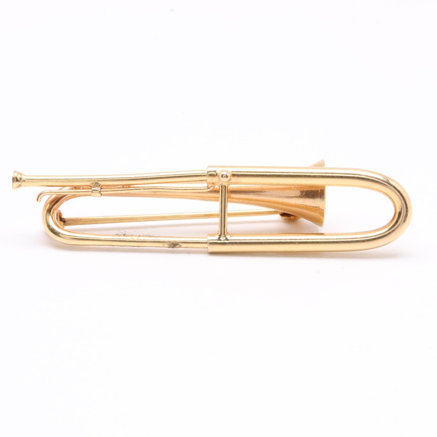 Vintage 14K Yellow Gold Articulated Trombone Brooch