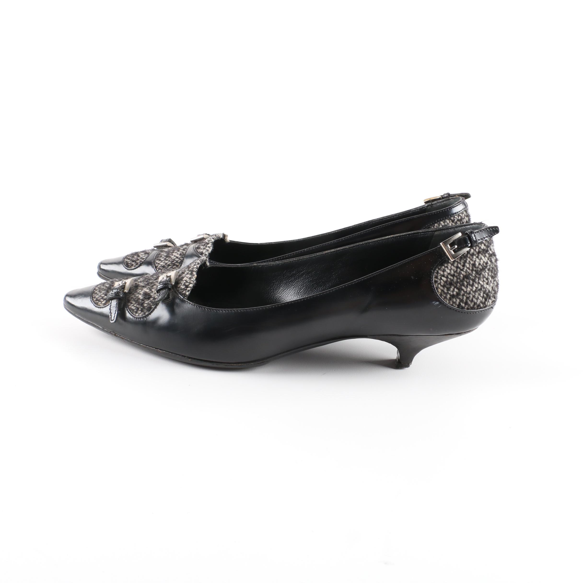Prada Black Leather and Tweed Kitten Heel Pumps, Made in Italy