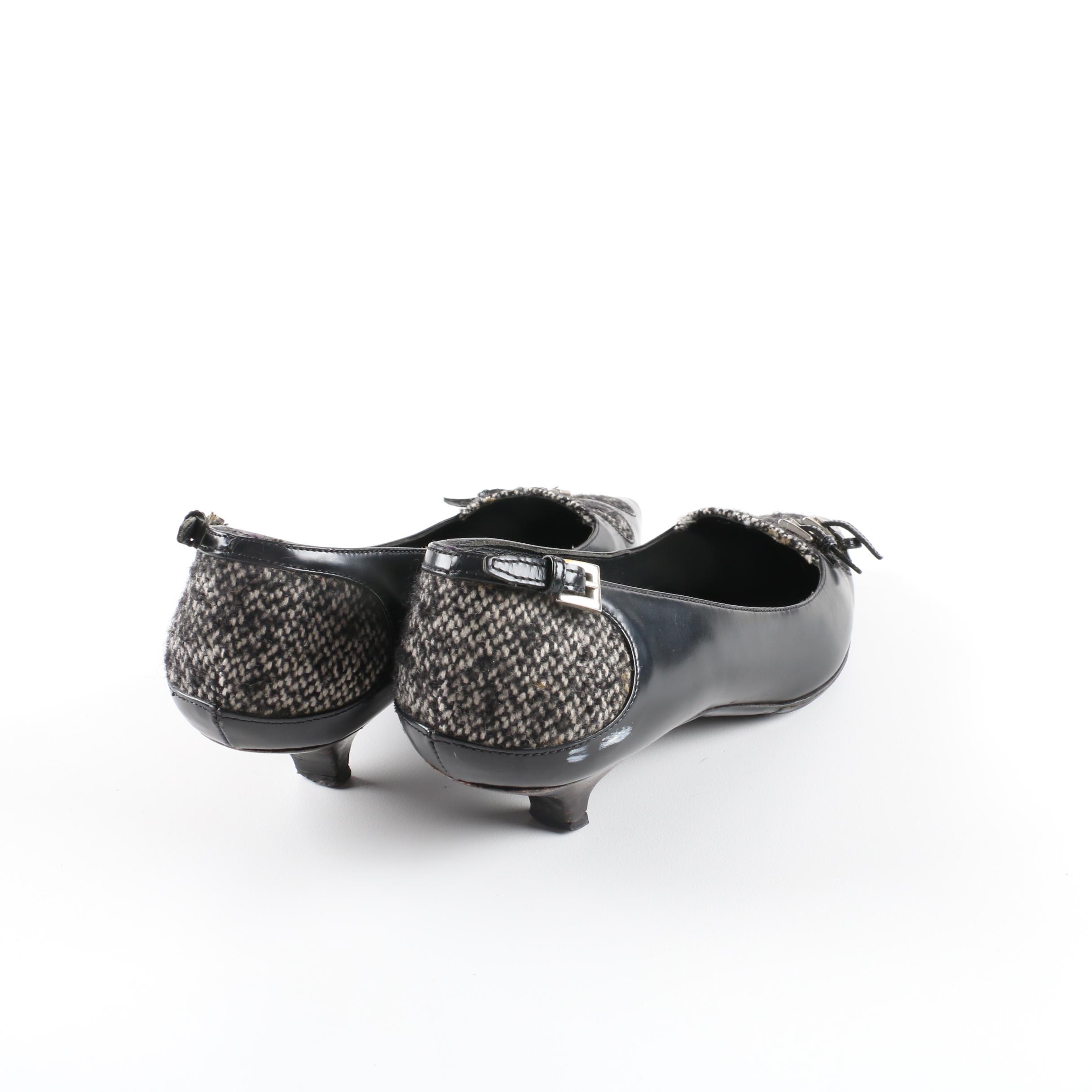 Prada Black Leather and Tweed Kitten Heel Pumps, Made in Italy
