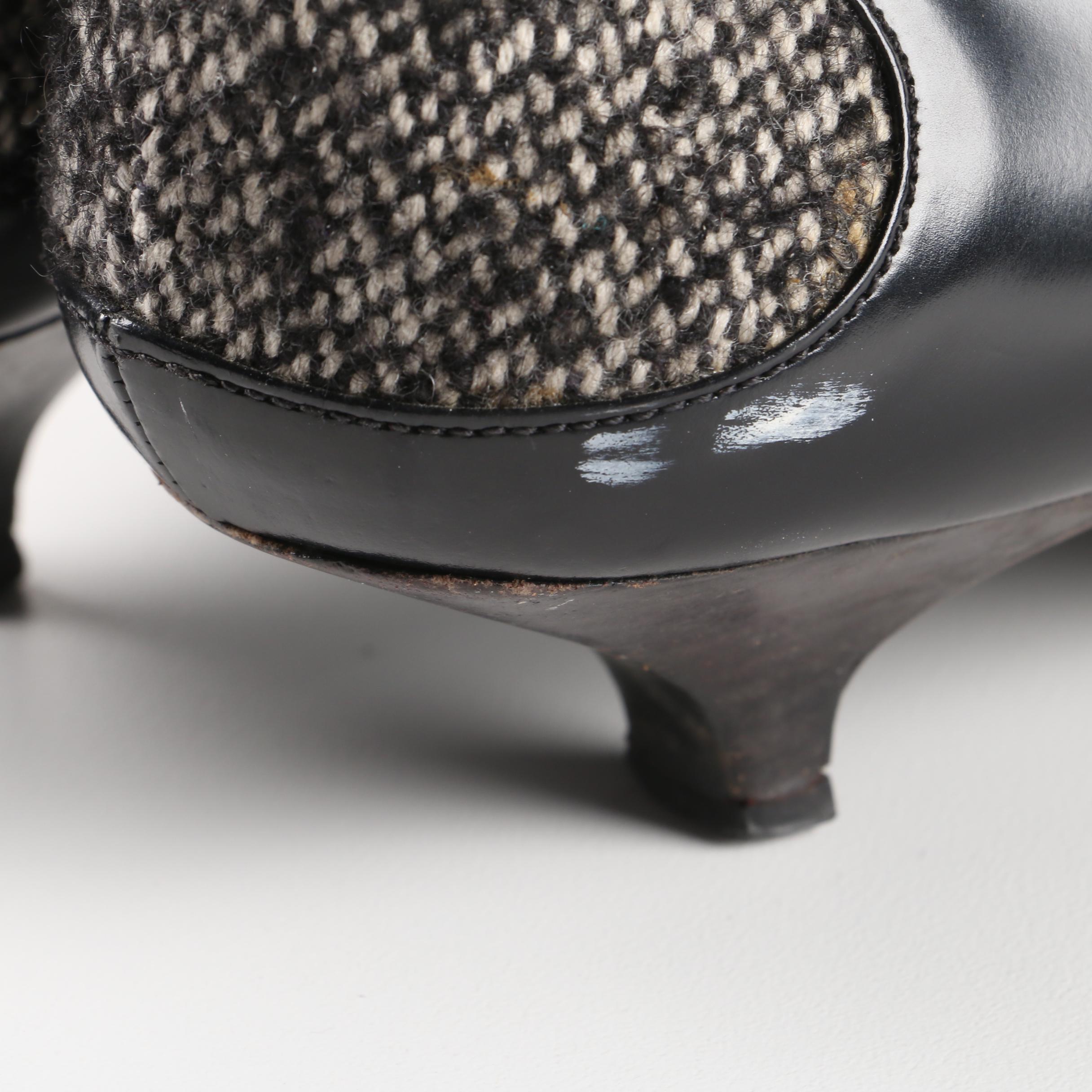 Prada Black Leather and Tweed Kitten Heel Pumps, Made in Italy