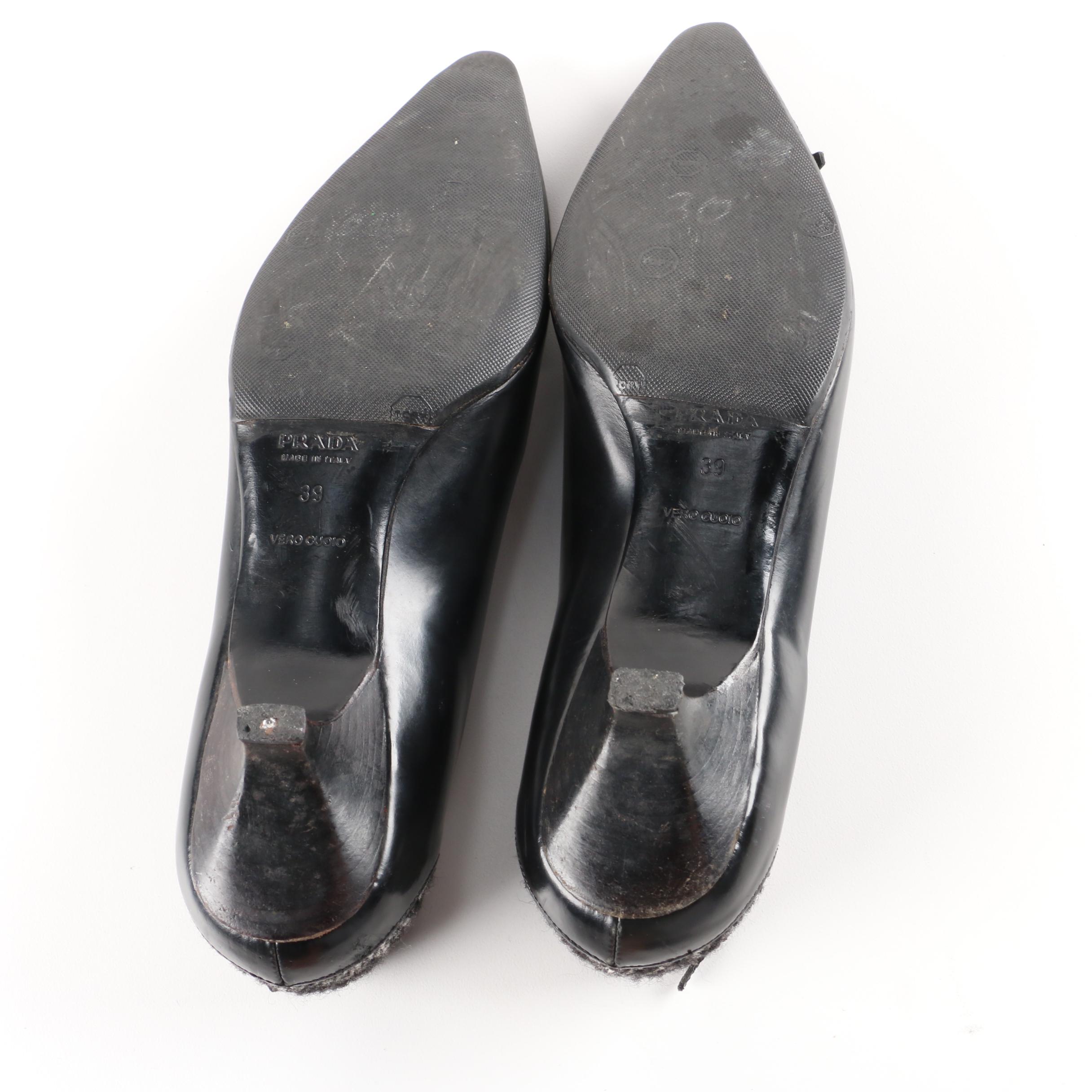 Prada Black Leather and Tweed Kitten Heel Pumps, Made in Italy