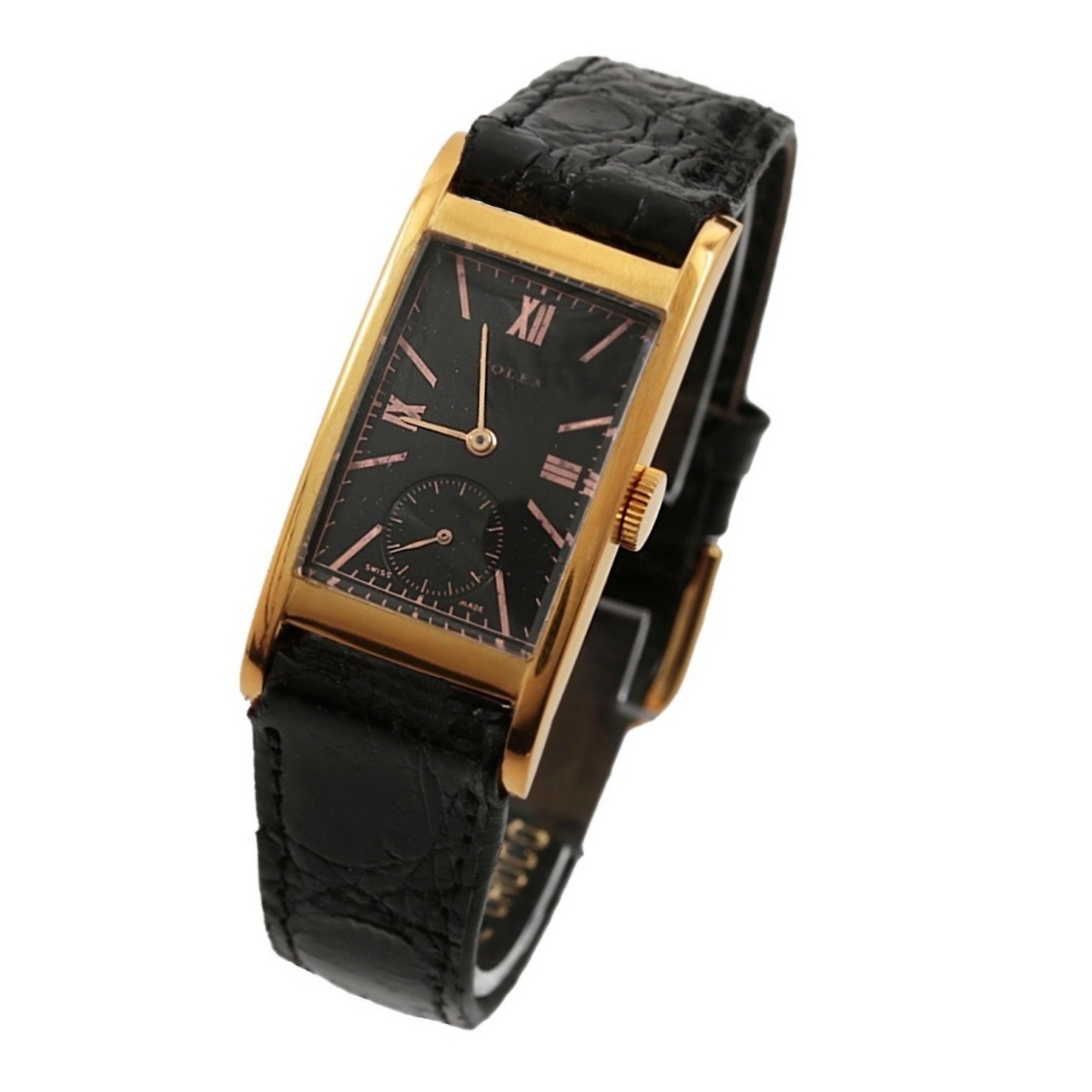 Early 20th Century Rolex 9K Yellow Gold Black Dial Watch