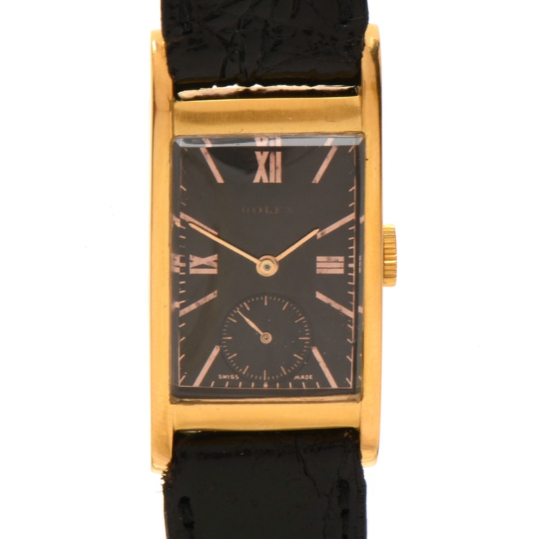 Early 20th Century Rolex 9K Yellow Gold Black Dial Watch