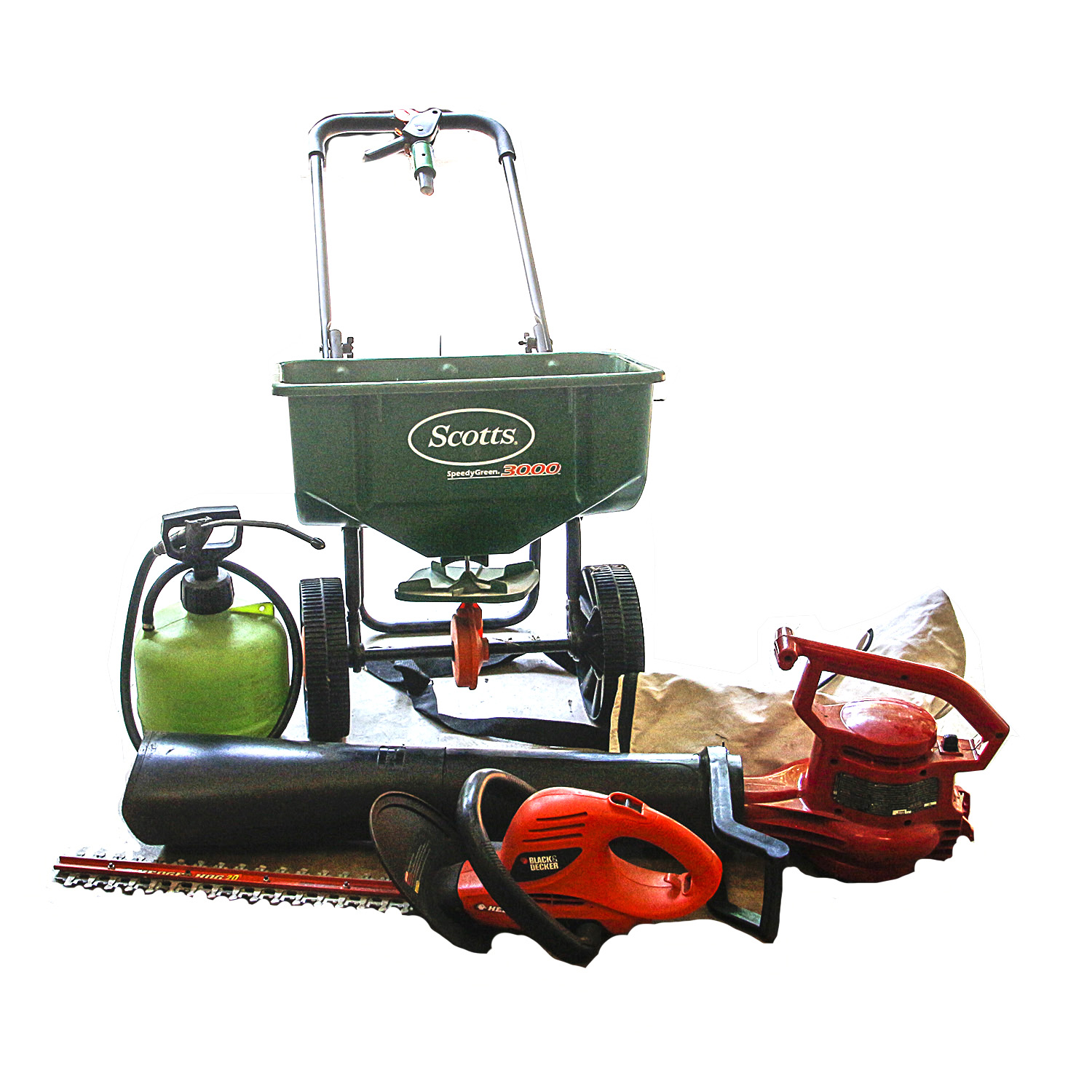 Scotts Spreader, Black and Decker Hedge Trimmer and Toro Leaf Blower