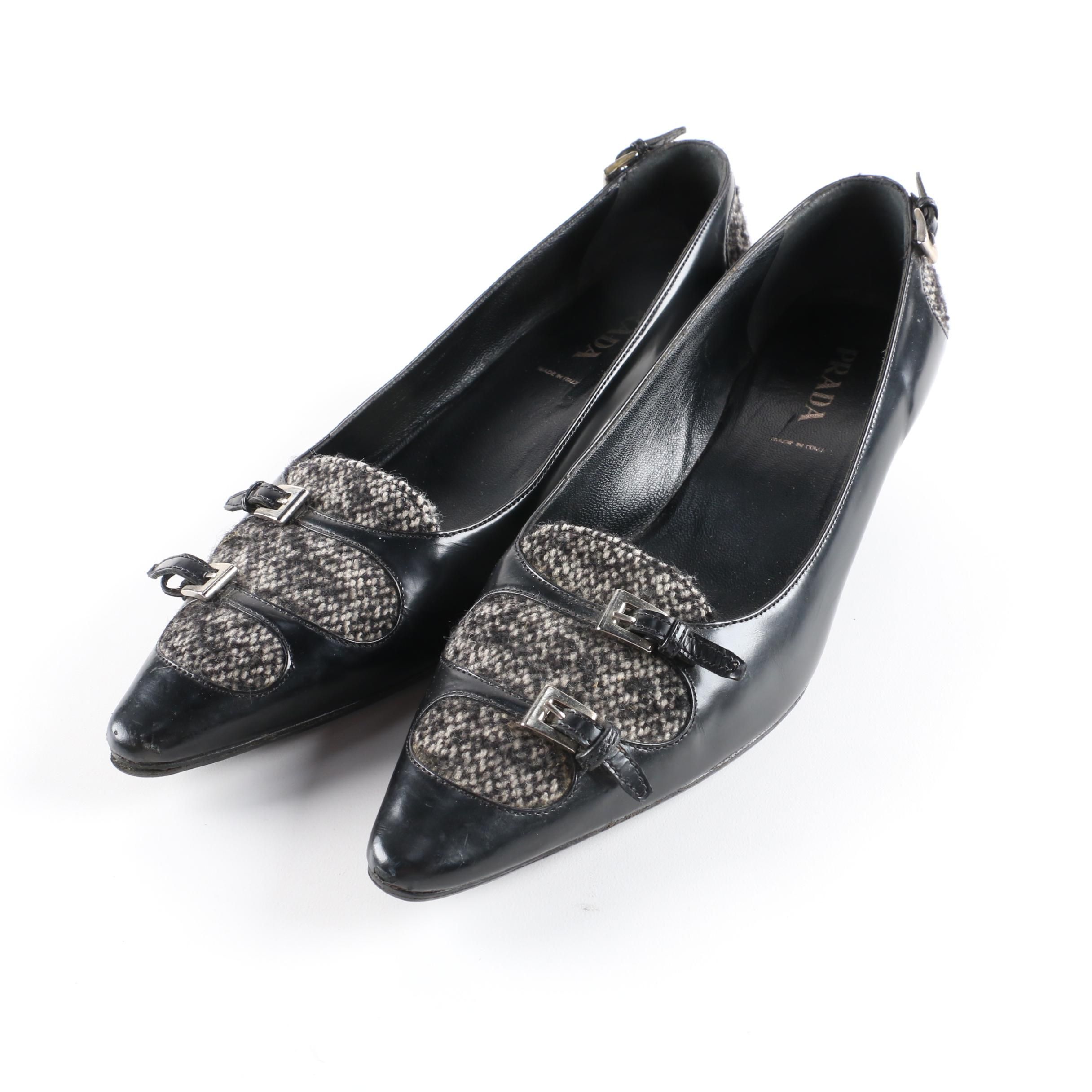 Prada Black Leather and Tweed Kitten Heel Pumps, Made in Italy
