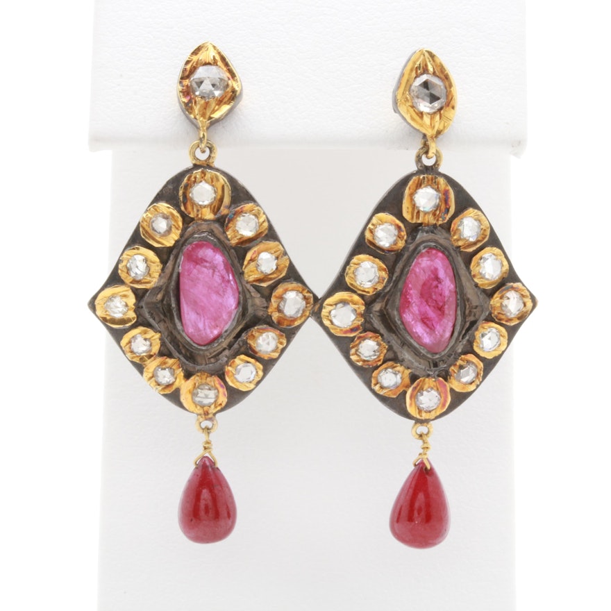 Sterling Silver Ruby and Diamond Earrings with Gold Wash Accents