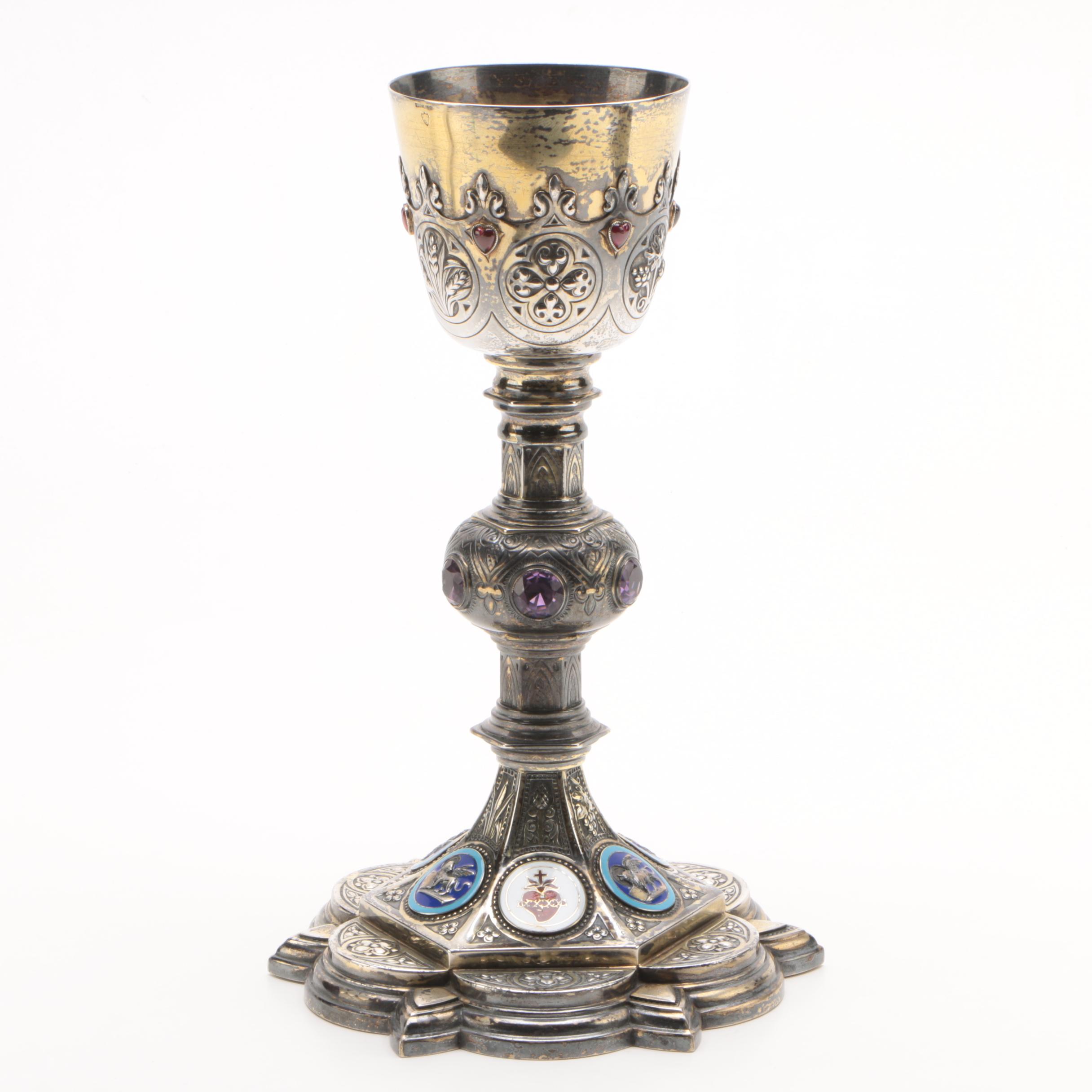 W.J. Feeley Sterling Altar Chalice with Enamel Medallions, Amethysts and Garnets