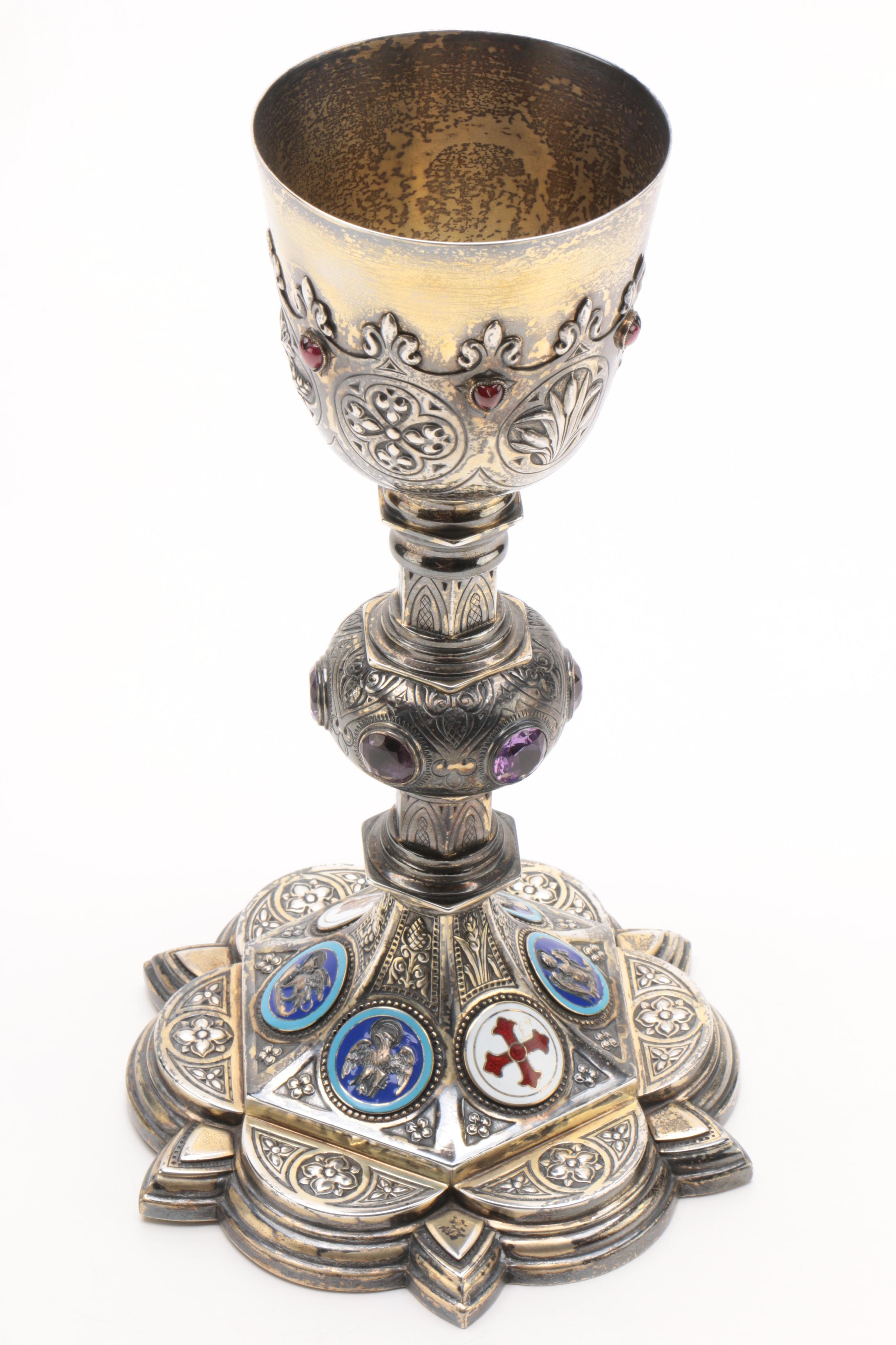 W.J. Feeley Sterling Altar Chalice with Enamel Medallions, Amethysts and Garnets