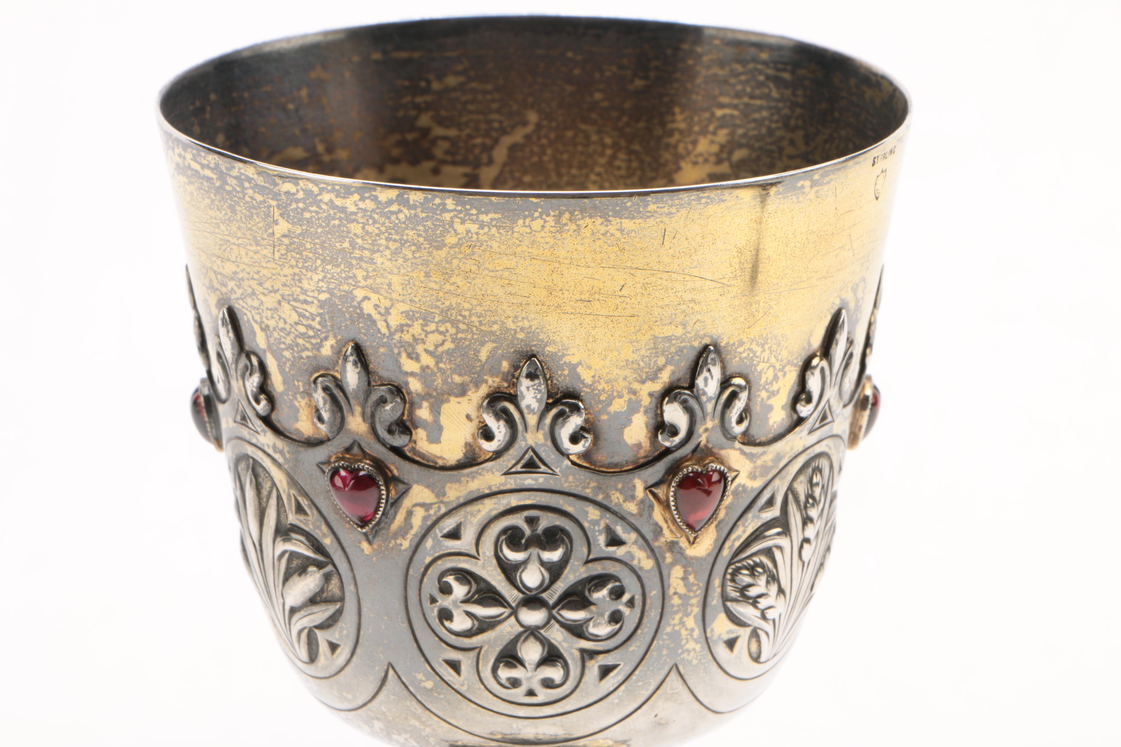 W.J. Feeley Sterling Altar Chalice with Enamel Medallions, Amethysts and Garnets