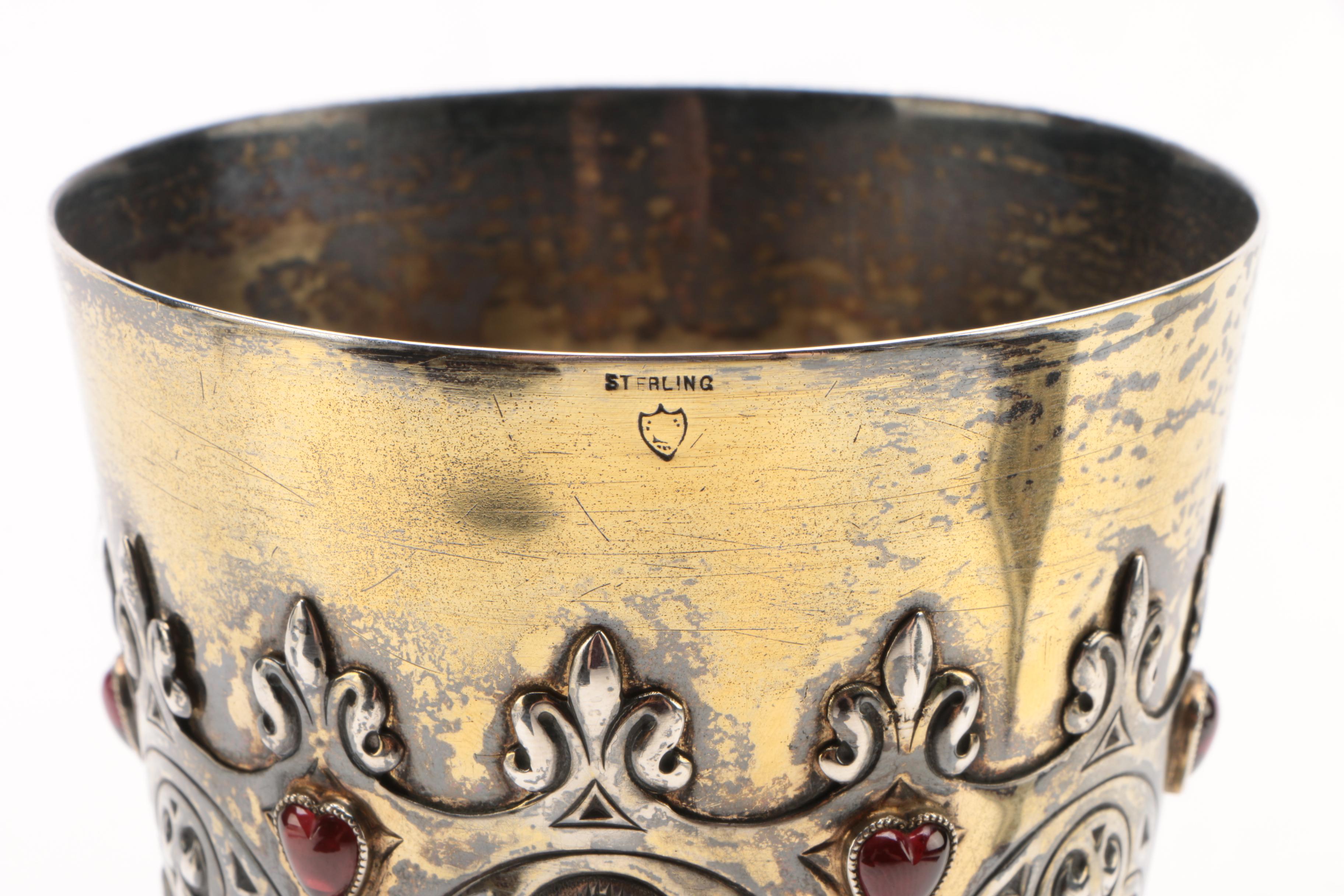 W.J. Feeley Sterling Altar Chalice with Enamel Medallions, Amethysts and Garnets