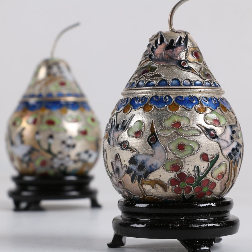 Chinese Cloisonné Pear-Shaped Trinket Boxes with Wood Stands