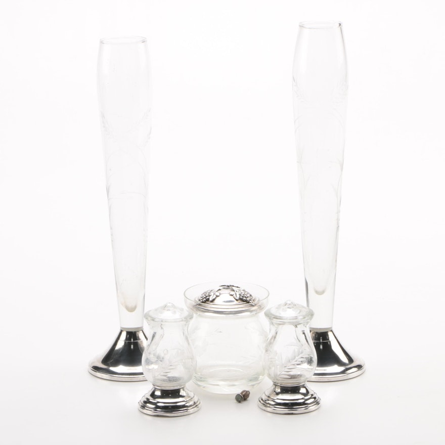 Duchin Creation Bud Vases with Other Sterling and Glass Tableware