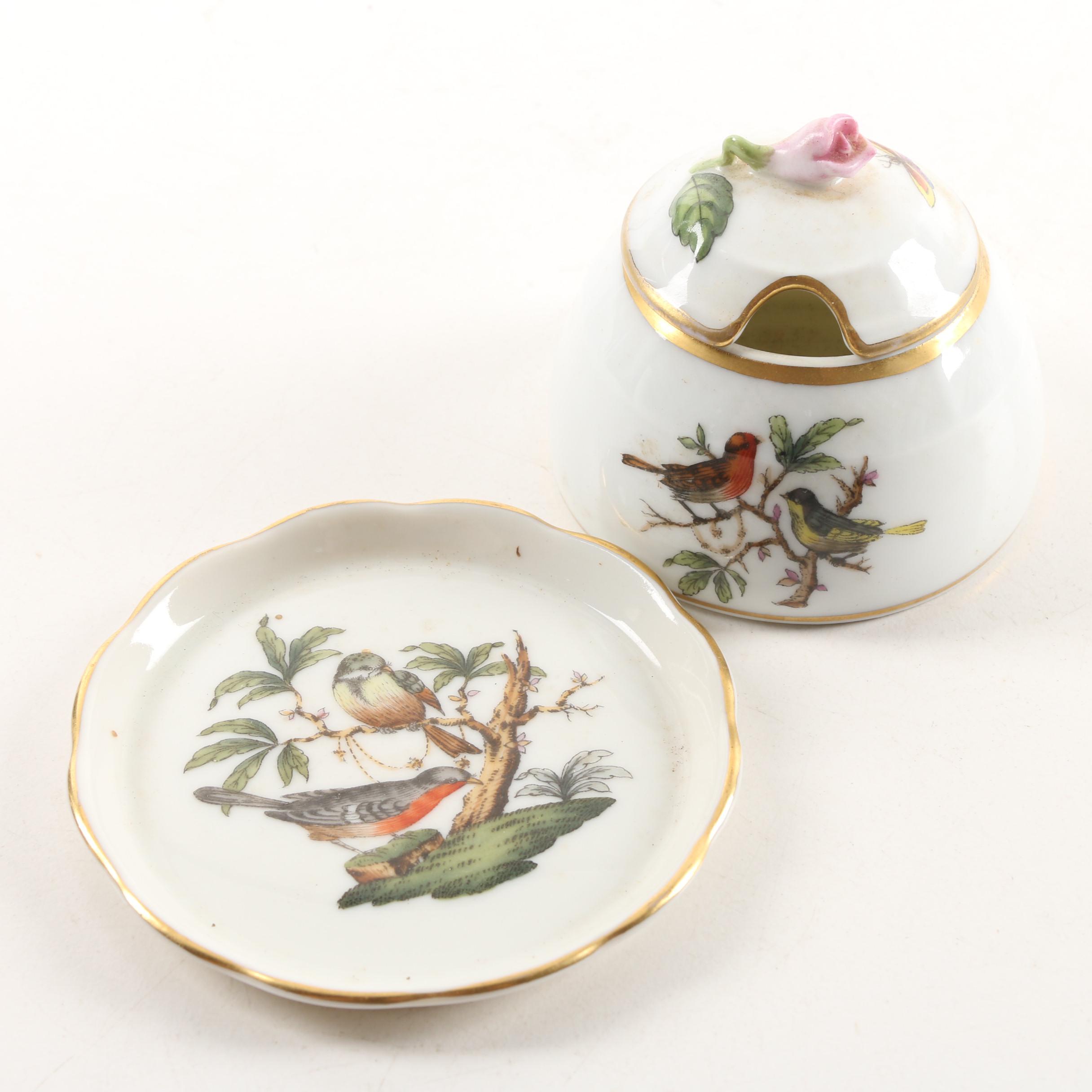Hand-Painted Herend "Rothschild Bird" Honey Pot and Vintage Coaster