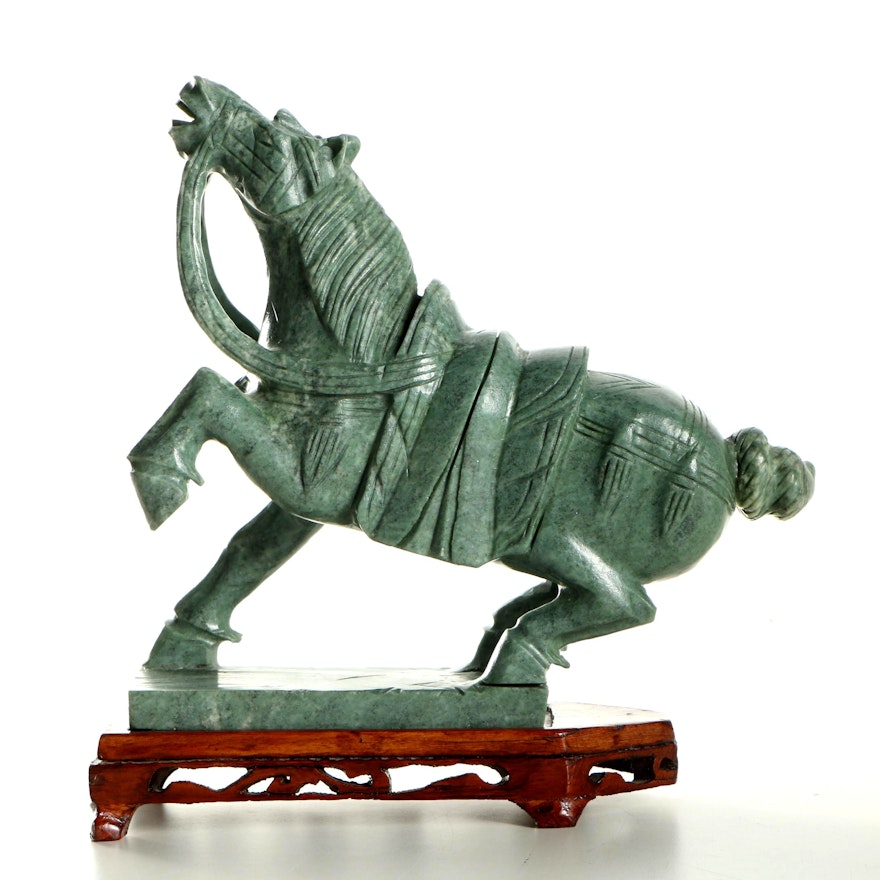 Chinese Tang Style Carved Soapstone Horse and Wood Base