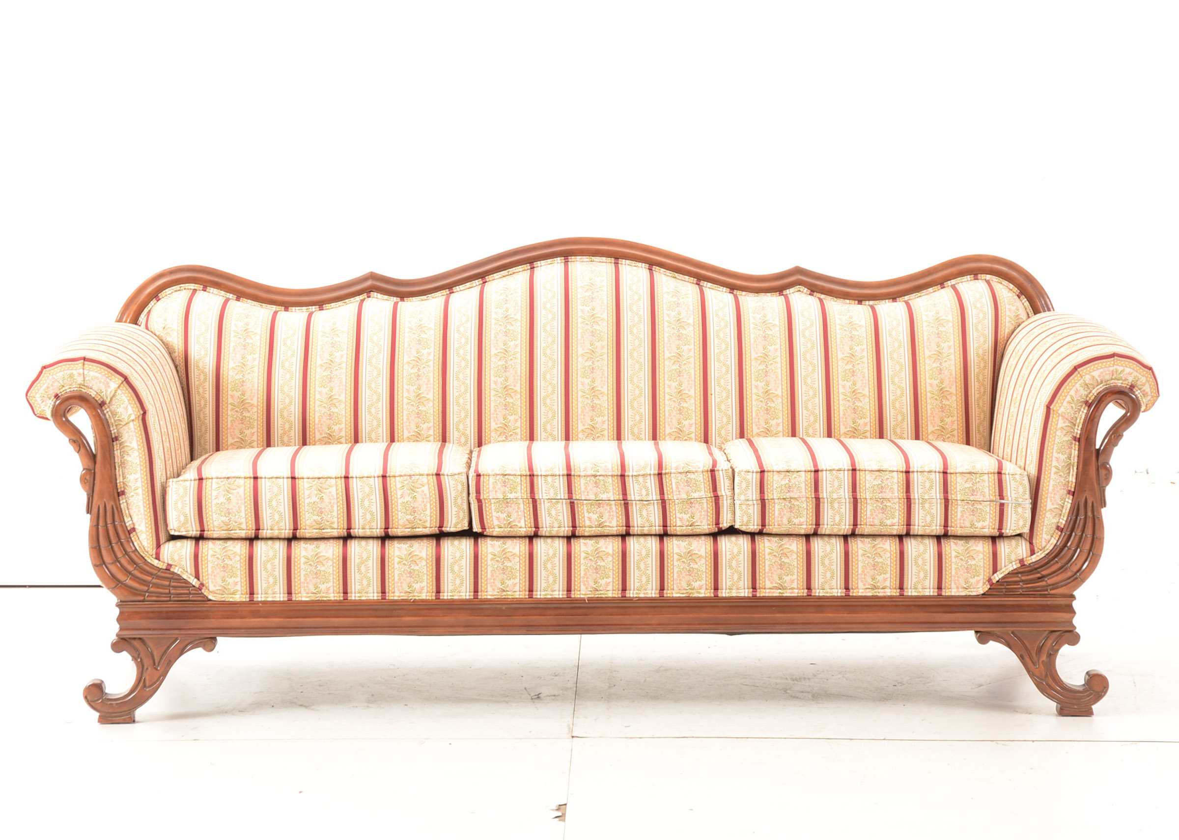 Contemporary Victorian Style Camelback Striped Sofa