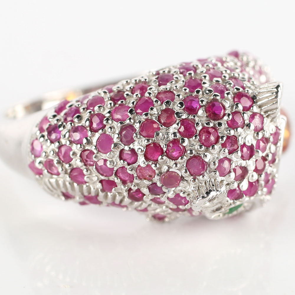 Sterling 4.24 CTW Ruby, Sapphire and Emerald Leopard Ring