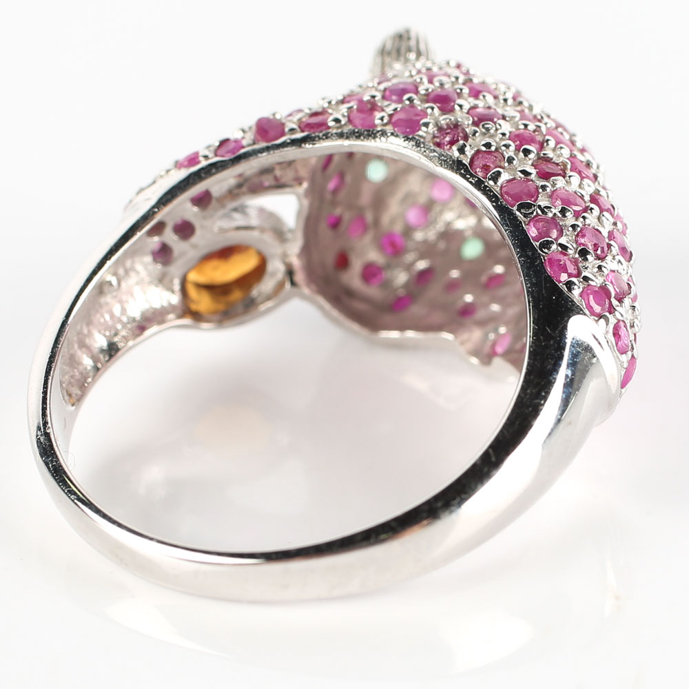 Sterling 4.24 CTW Ruby, Sapphire and Emerald Leopard Ring