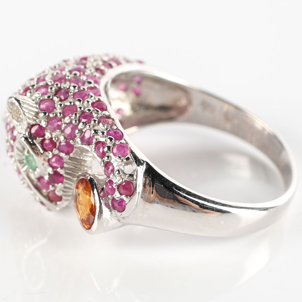 Sterling 4.24 CTW Ruby, Sapphire and Emerald Leopard Ring
