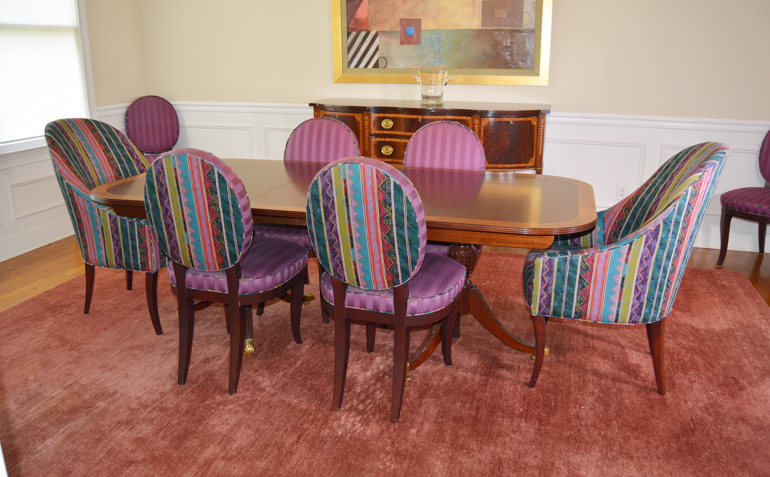 Hepplewhite Style Dining Table and Upholstered Chairs by Councill