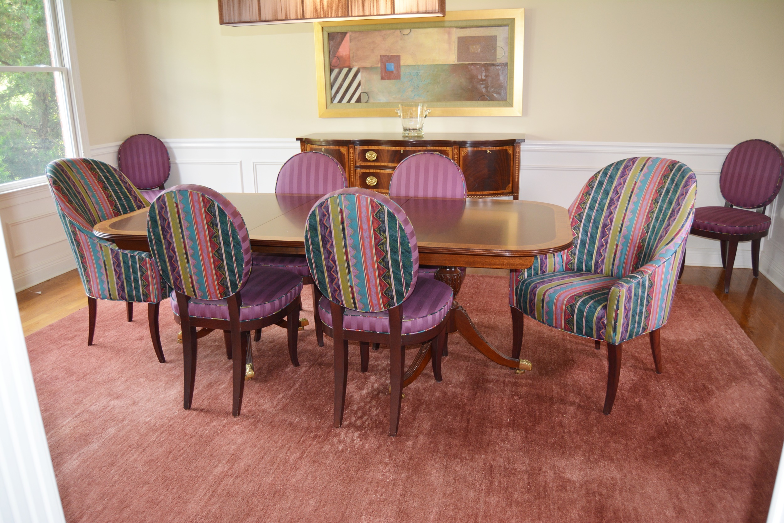 Hepplewhite Style Dining Table and Upholstered Chairs by Councill