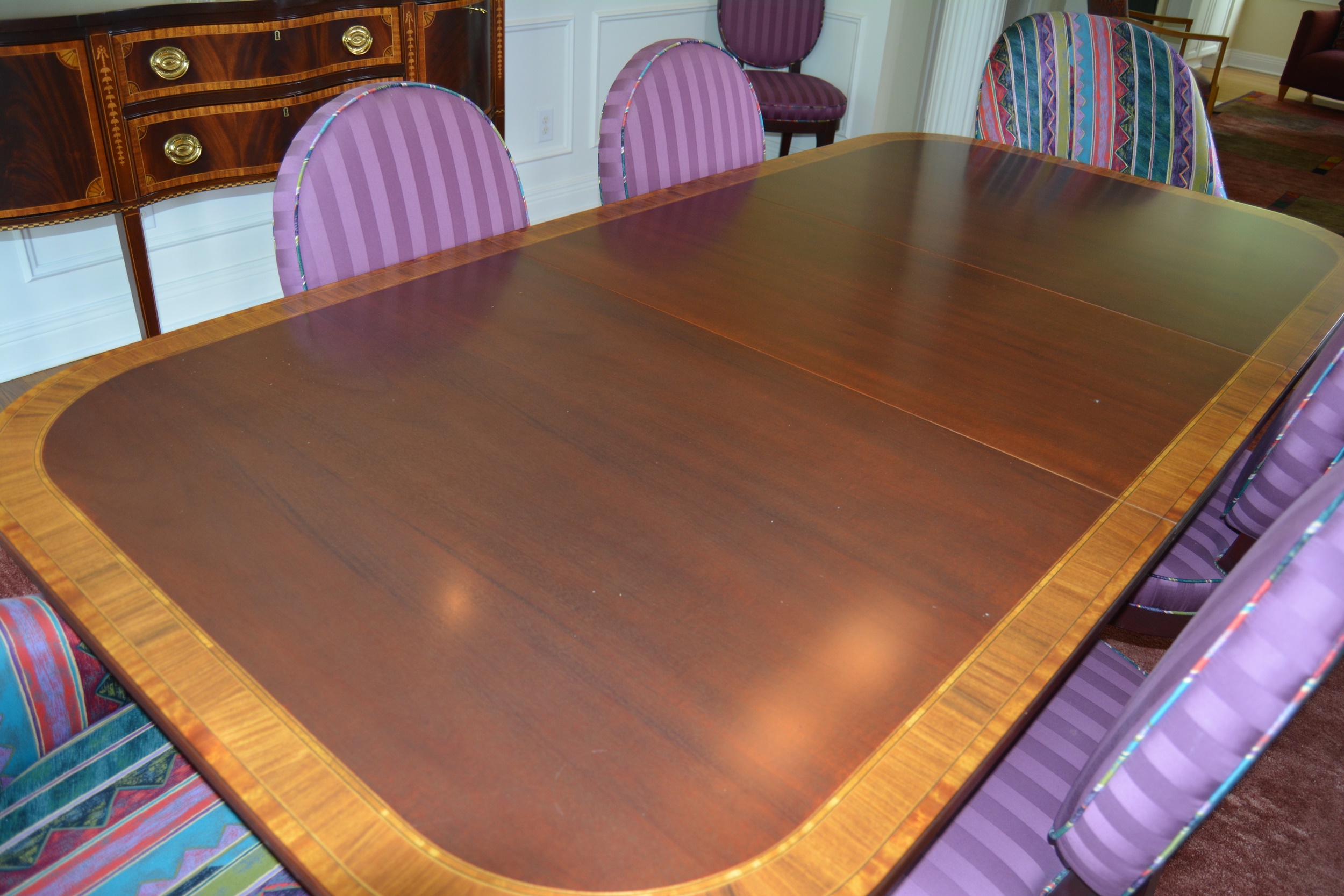 Hepplewhite Style Dining Table and Upholstered Chairs by Councill