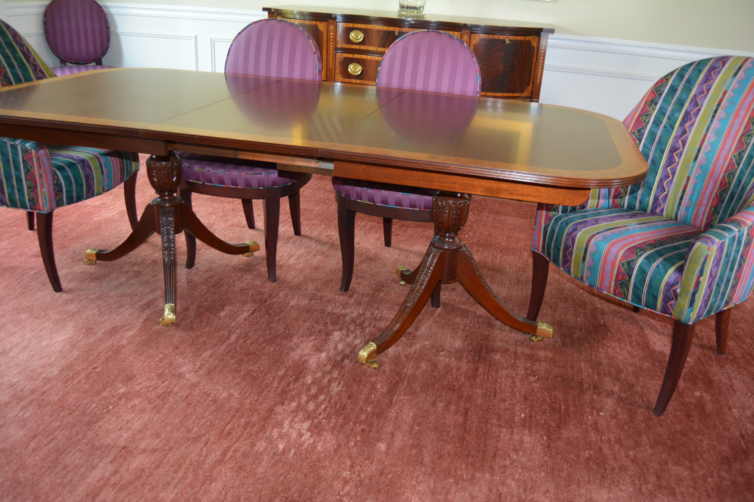 Hepplewhite Style Dining Table and Upholstered Chairs by Councill