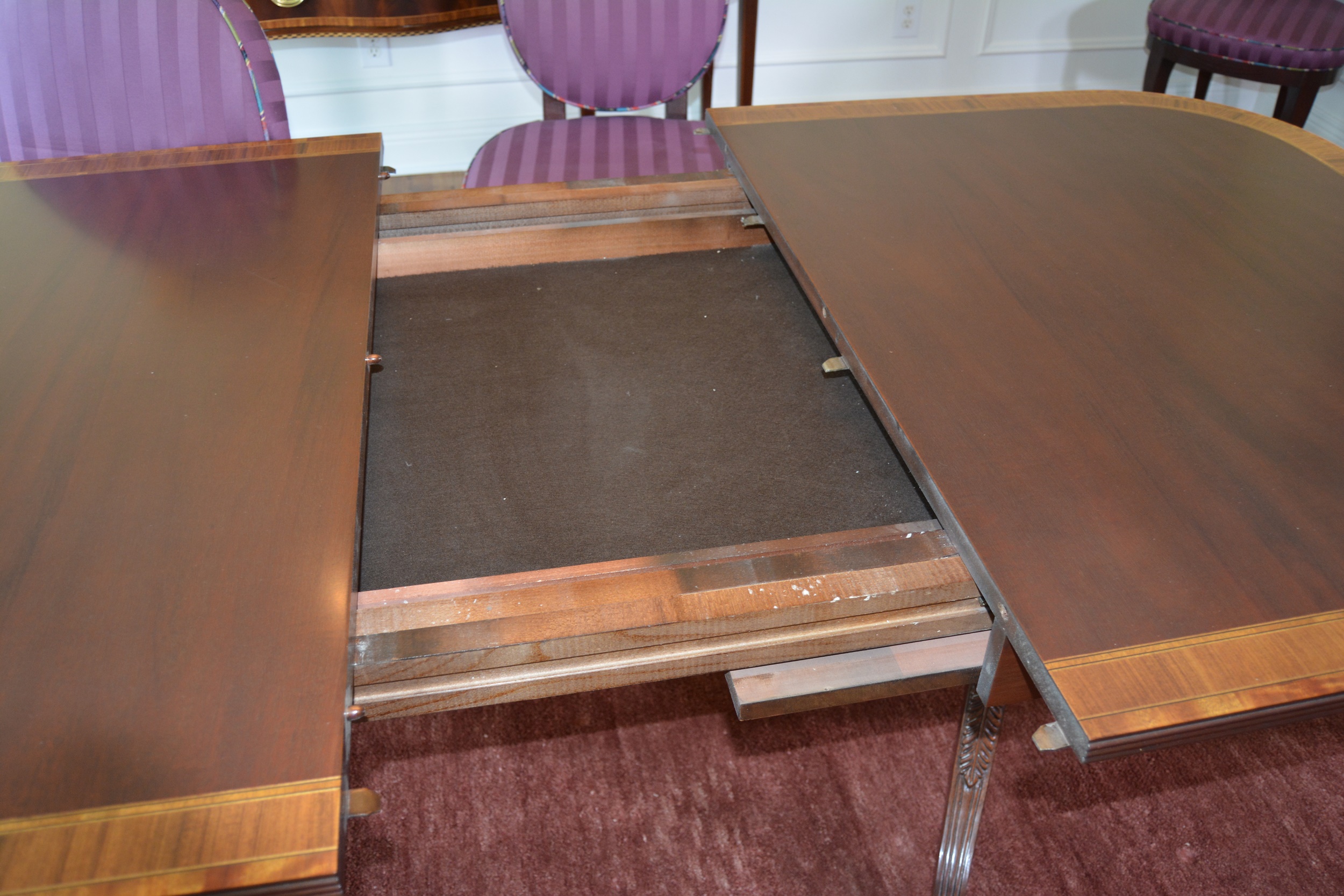 Hepplewhite Style Dining Table and Upholstered Chairs by Councill