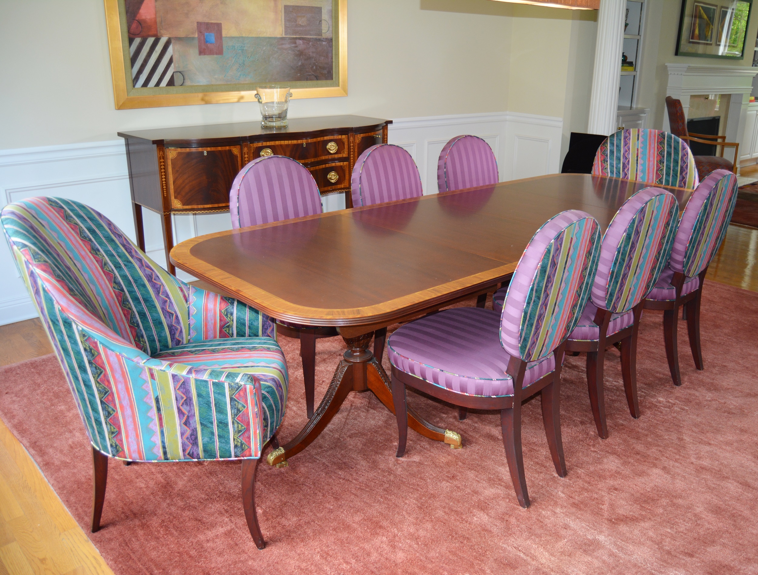 Hepplewhite Style Dining Table and Upholstered Chairs by Councill