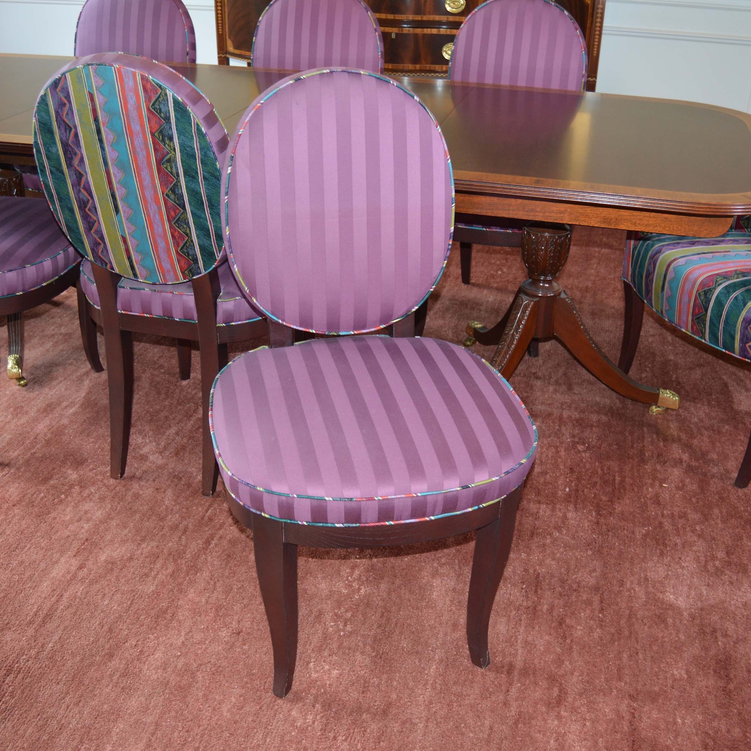 Hepplewhite Style Dining Table and Upholstered Chairs by Councill