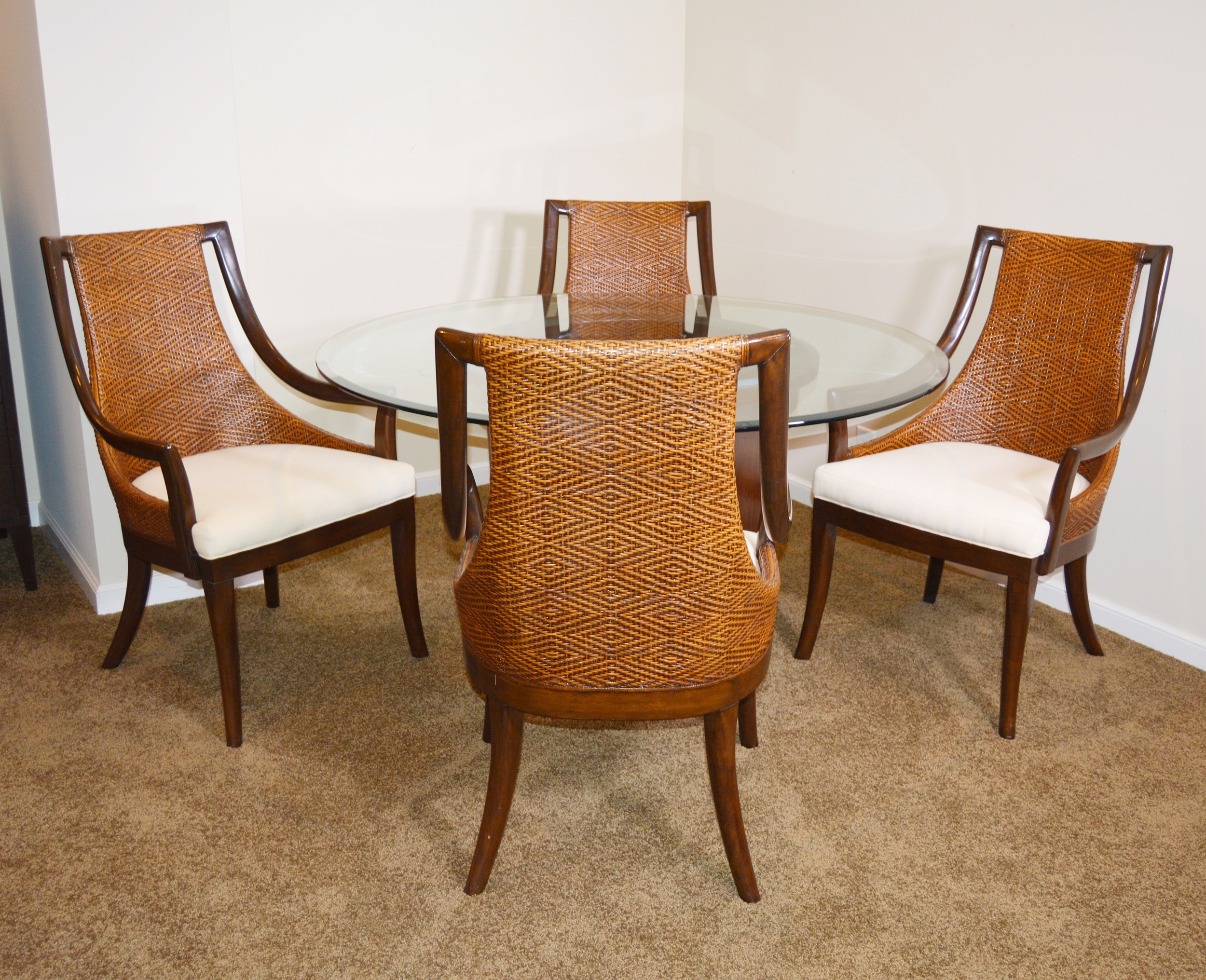 Contemporary Glass Top Round Table and Wicker Upholstered Armchairs