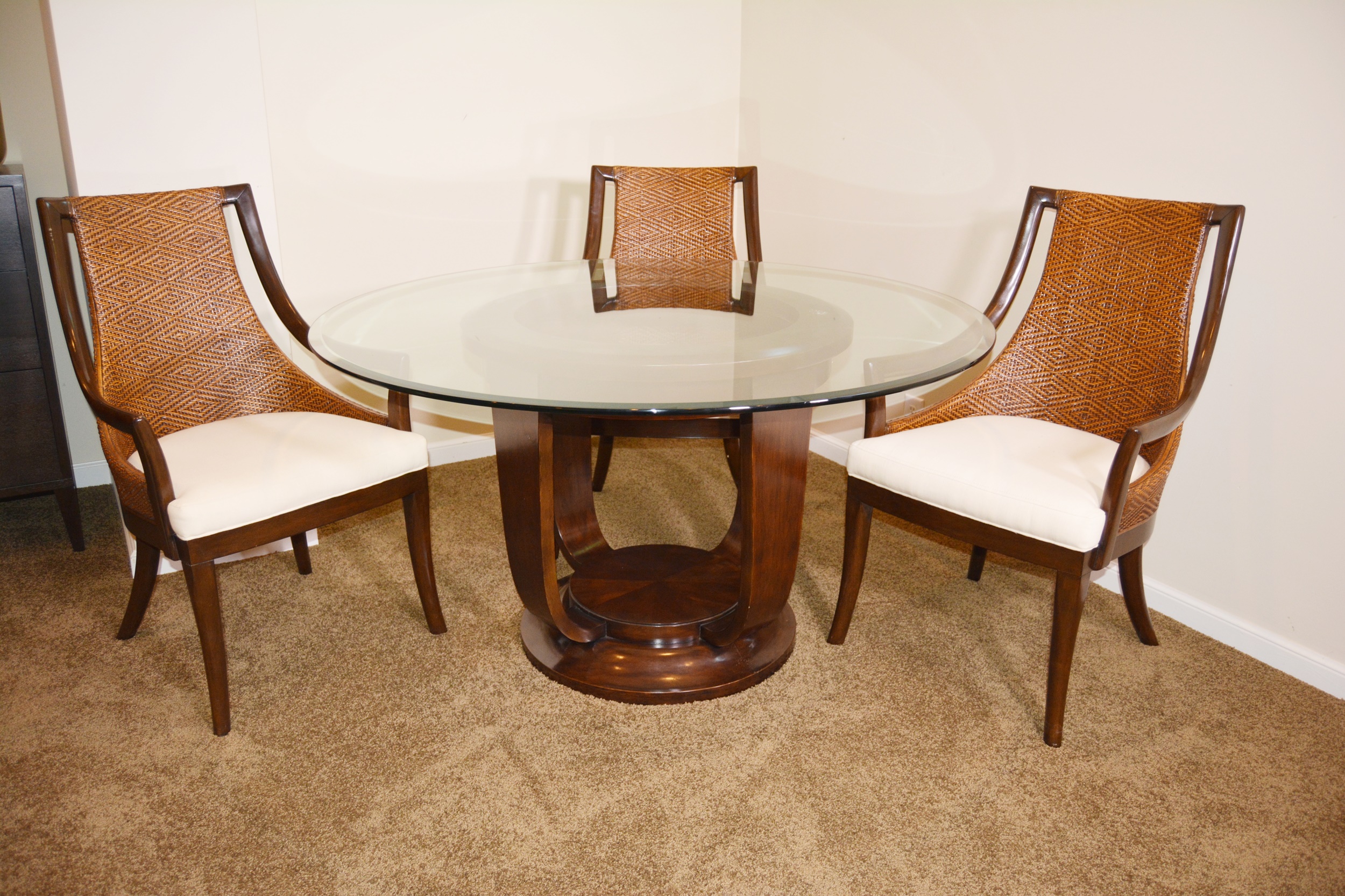 Contemporary Glass Top Round Table and Wicker Upholstered Armchairs