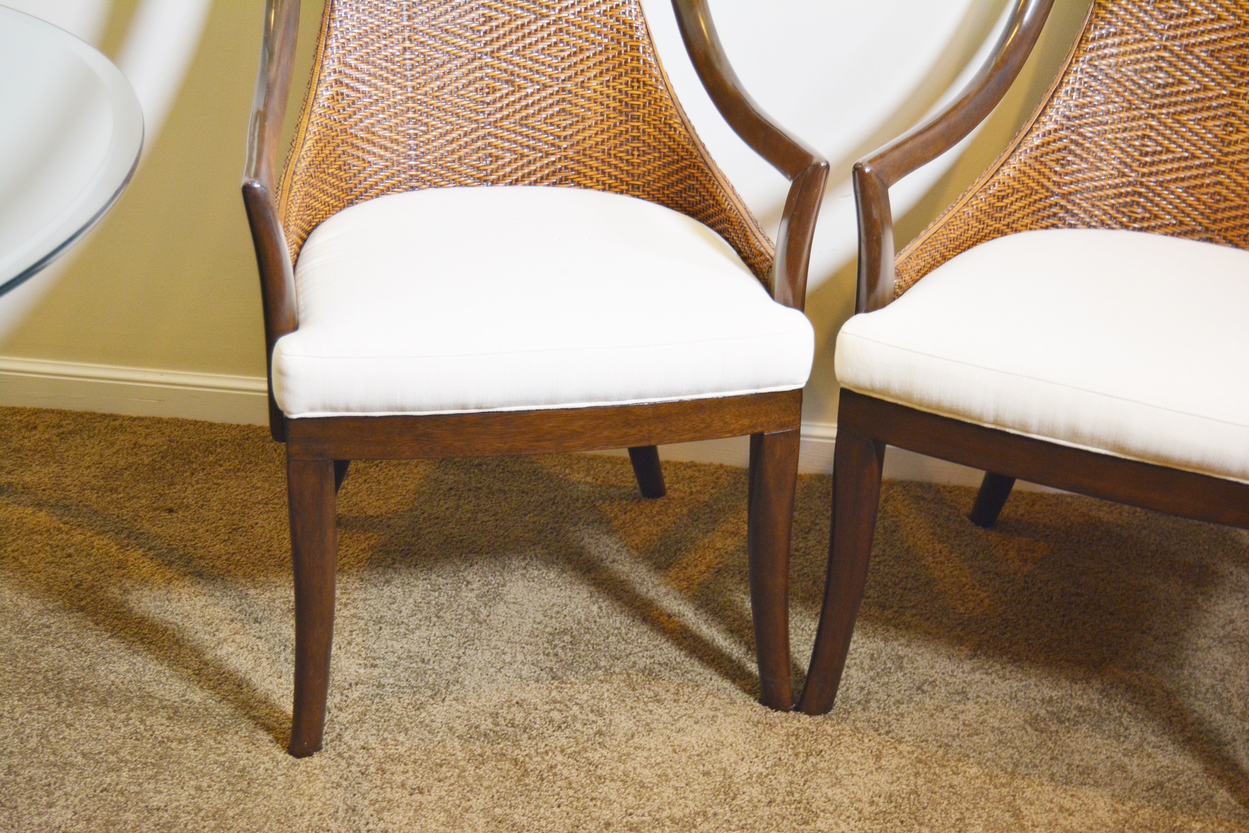 Contemporary Glass Top Round Table and Wicker Upholstered Armchairs