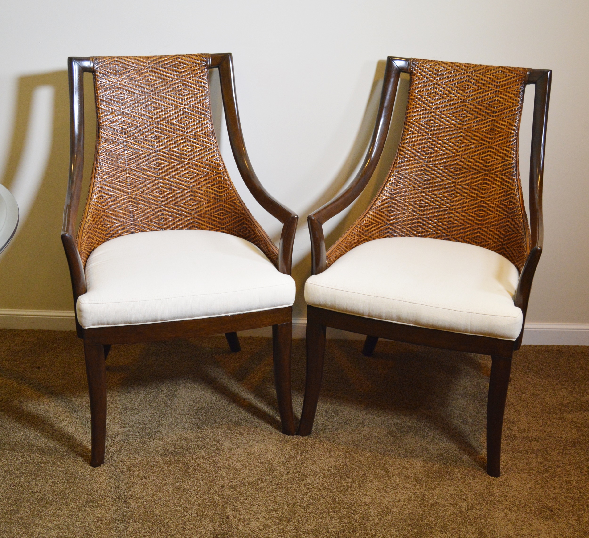 Contemporary Glass Top Round Table and Wicker Upholstered Armchairs