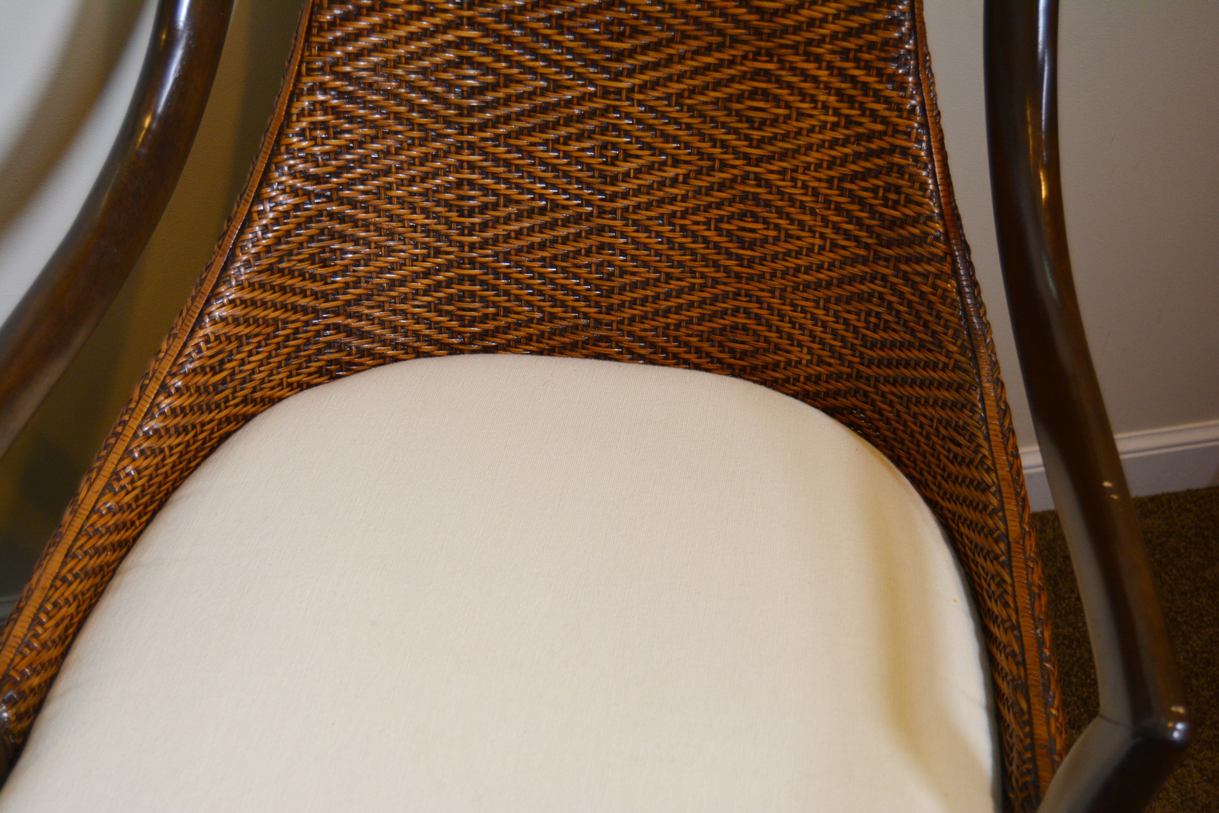 Contemporary Glass Top Round Table and Wicker Upholstered Armchairs