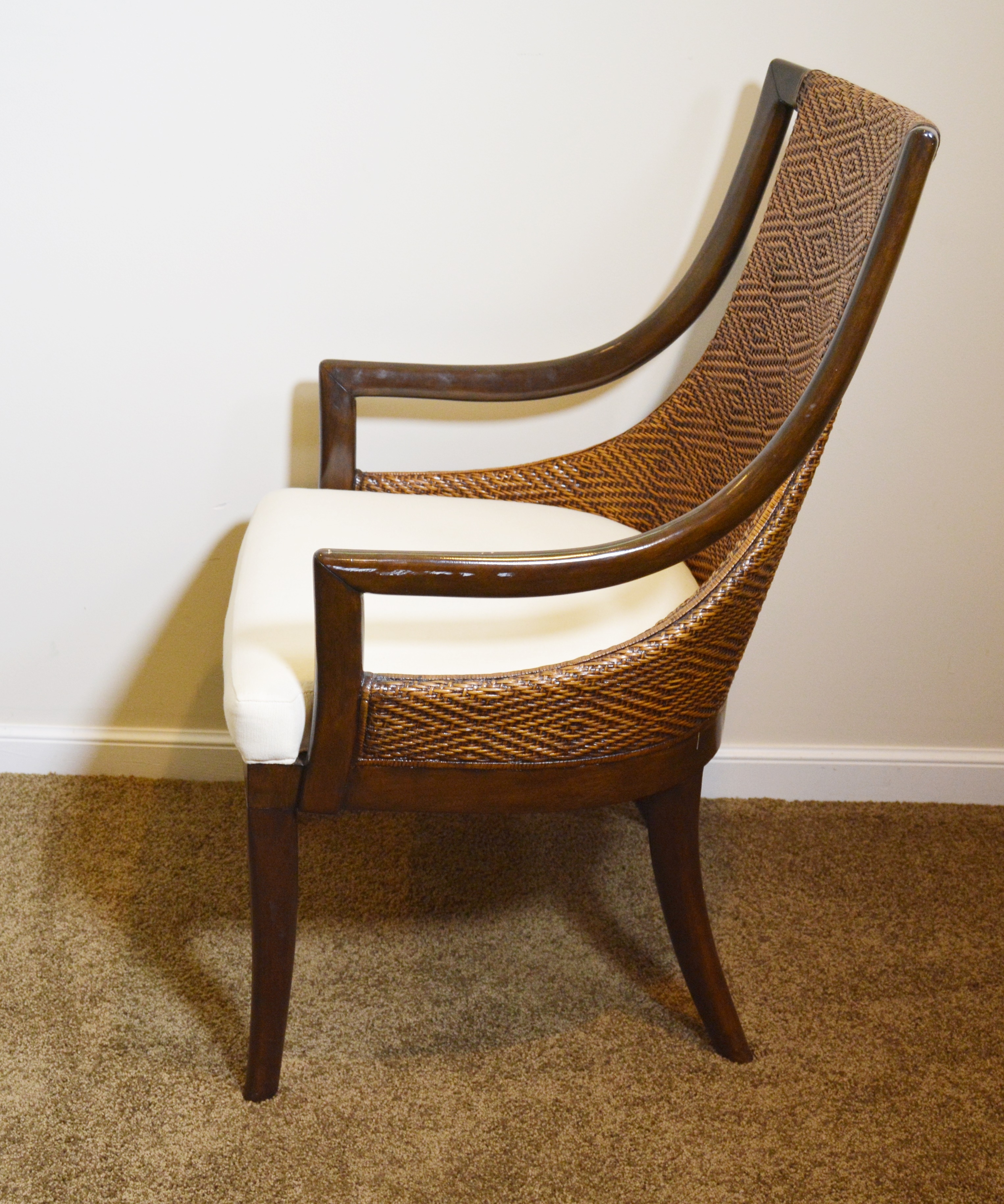 Contemporary Glass Top Round Table and Wicker Upholstered Armchairs