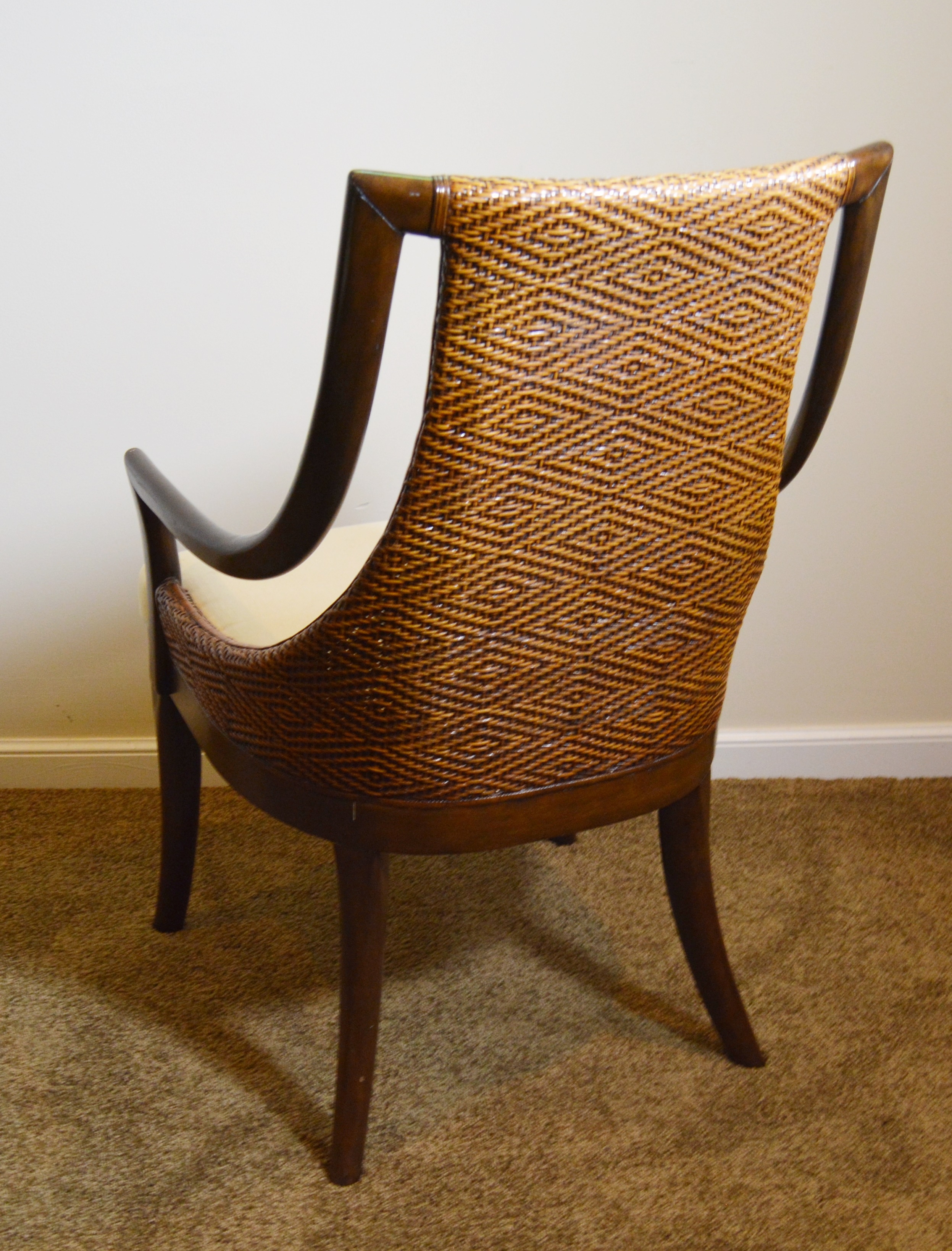 Contemporary Glass Top Round Table and Wicker Upholstered Armchairs