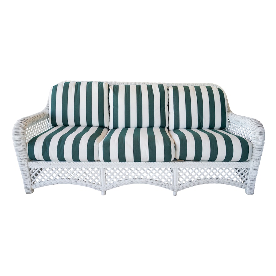 White Wicker Weave Patio Sofa with Cushions