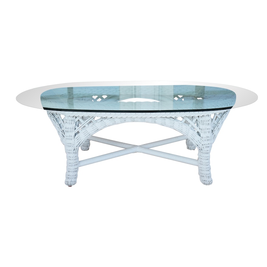 White Wicker Weave Coffee Table with Glass Top