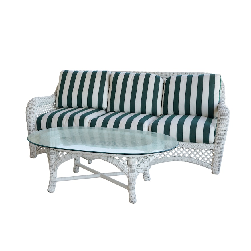 White Wicker Weave Patio Sofa and Glass Top Coffee Table