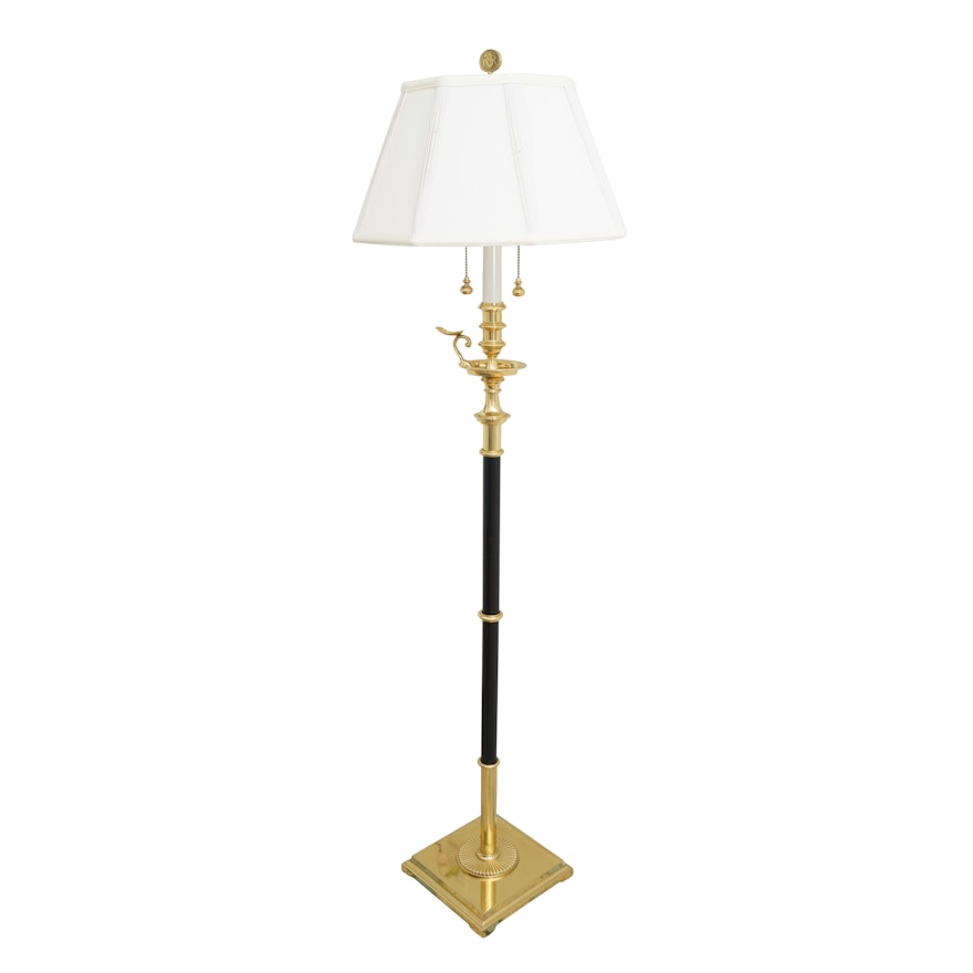 Brass Candlestick Style Floor Lamp with White Fabric Octagonal Shade