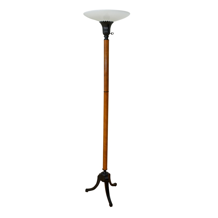 Wooden and Black Metal Torchiere Floor Lamp with White Glass Shade