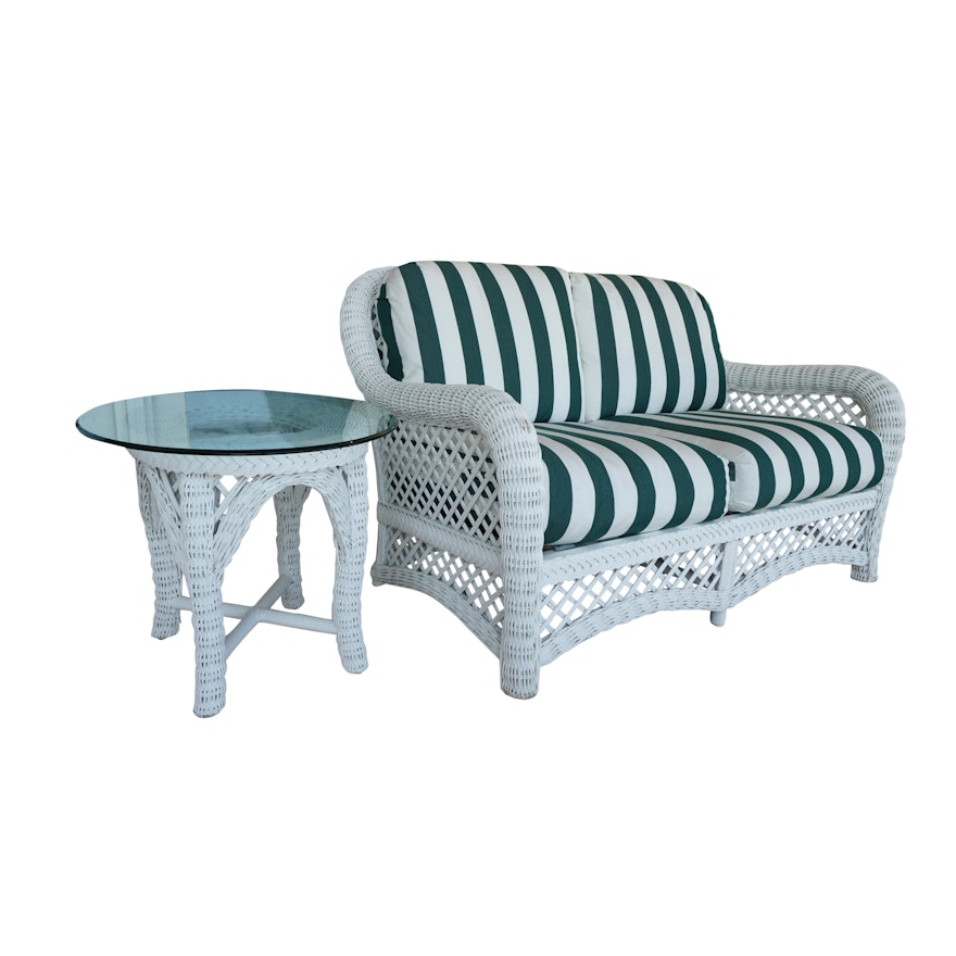 White Wicker Weave Patio Loveseat and Glass Top End Table