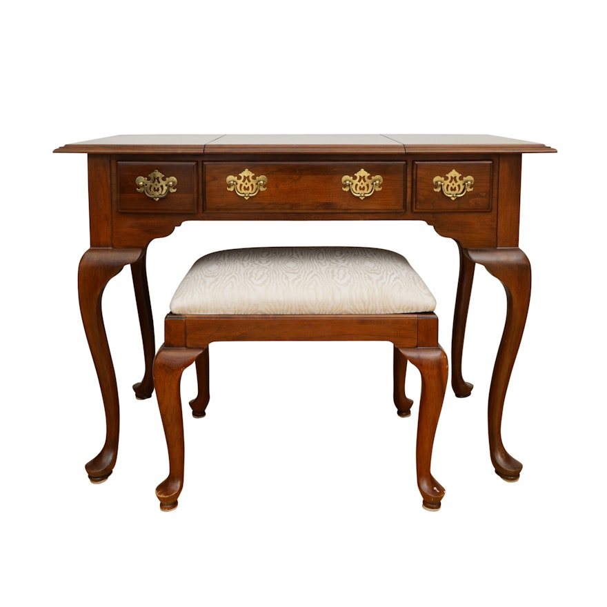 Queen Anne Style Cherry Vanity Table and Upholstered Bench by Knob Creek