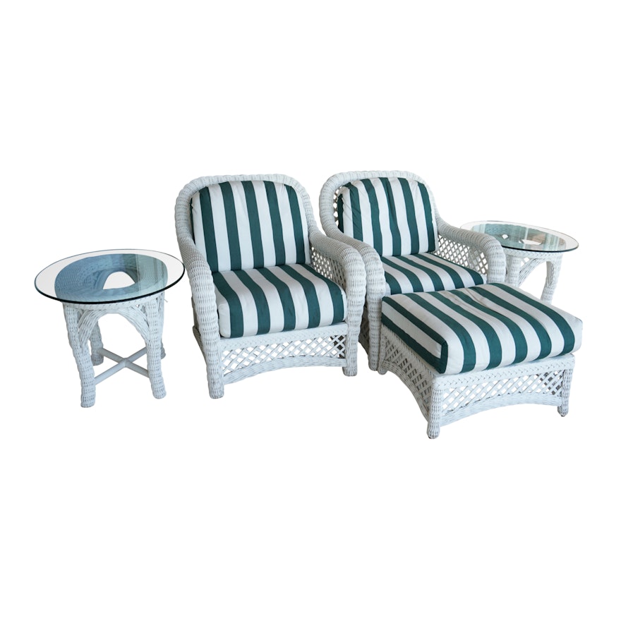 Wicker Armchairs with Matching Ottoman and Glass Top Side Tables