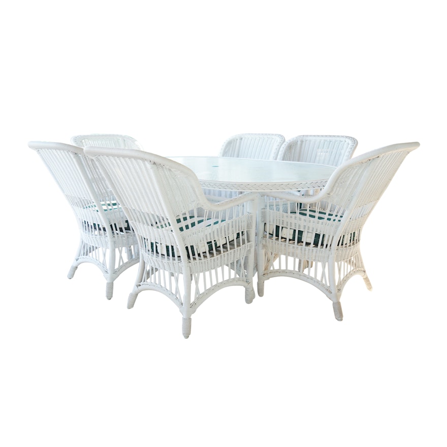 White Wicker Weave Patio Dining Table with Armchairs