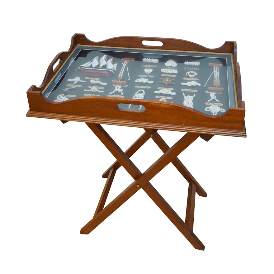 Folding Butler's Tray Table with Nautical Themed Display Tray