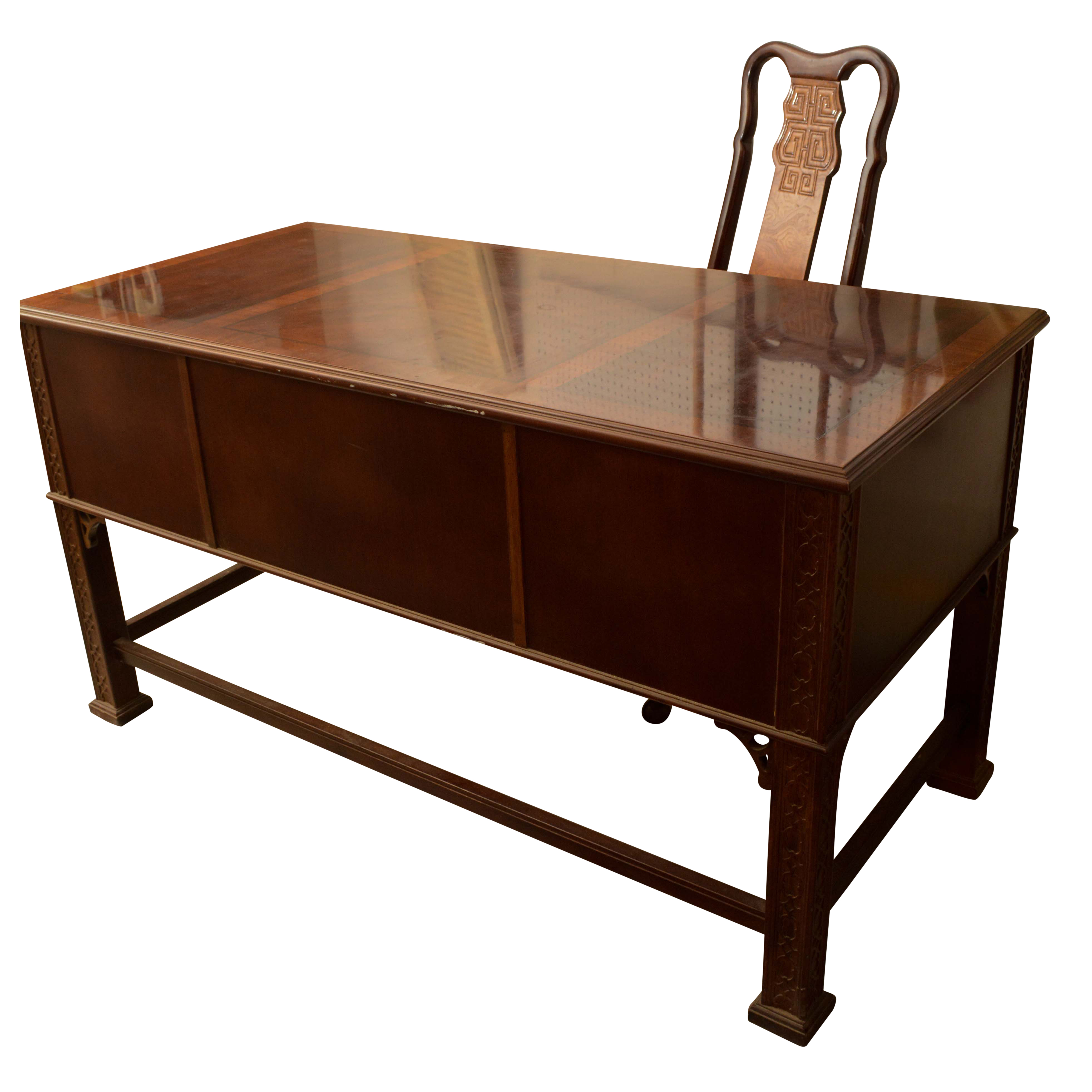 Vintage Chinese Chippendale Style Mahogany Kneehole Desk with Side Chair